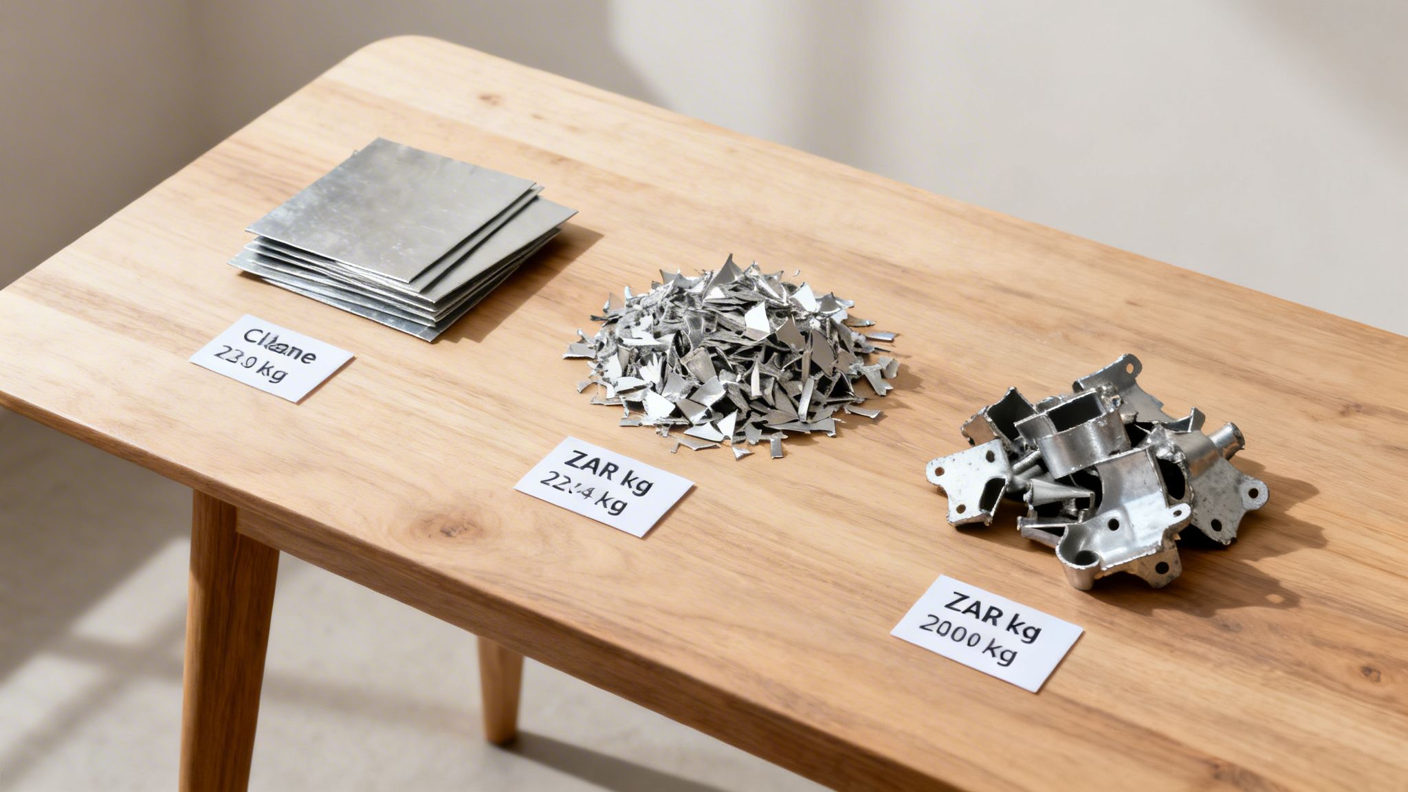Three distinct piles of aluminum scrap, including sheets, trimmings, and cast parts, with weight labels on a wooden table.