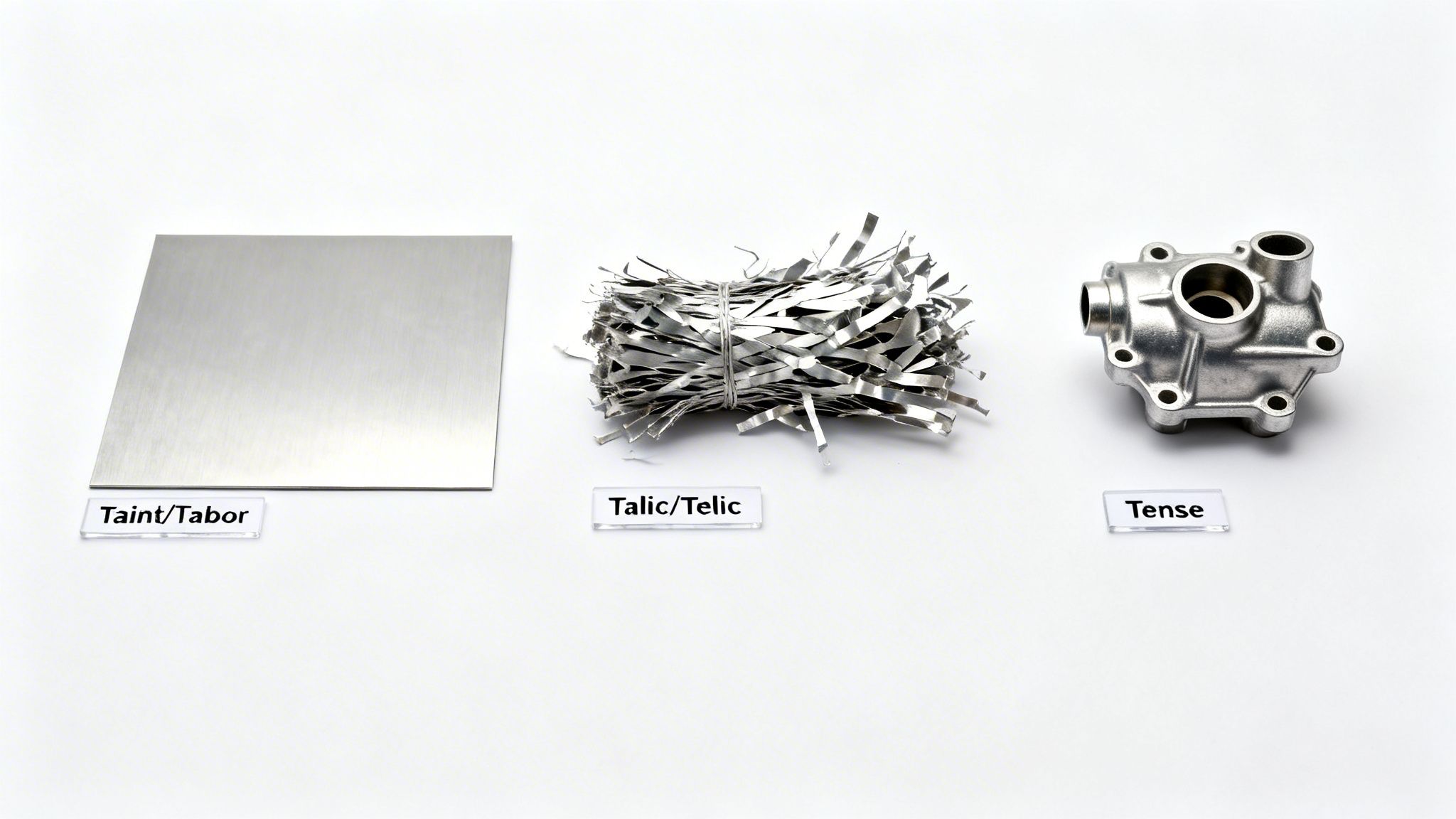 Three stages of metal processing: a flat sheet, shredded scraps, and a finished cast part.