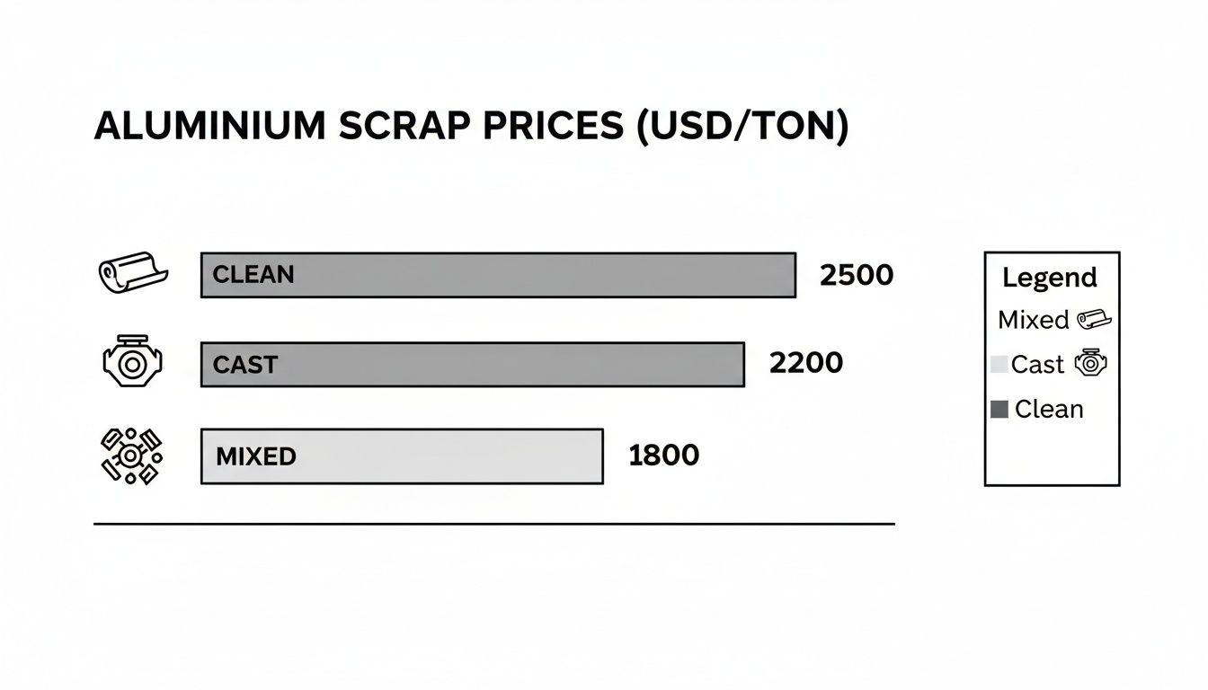 Bar chart illustrating aluminium scrap prices per ton for clean, cast, and mixed types.