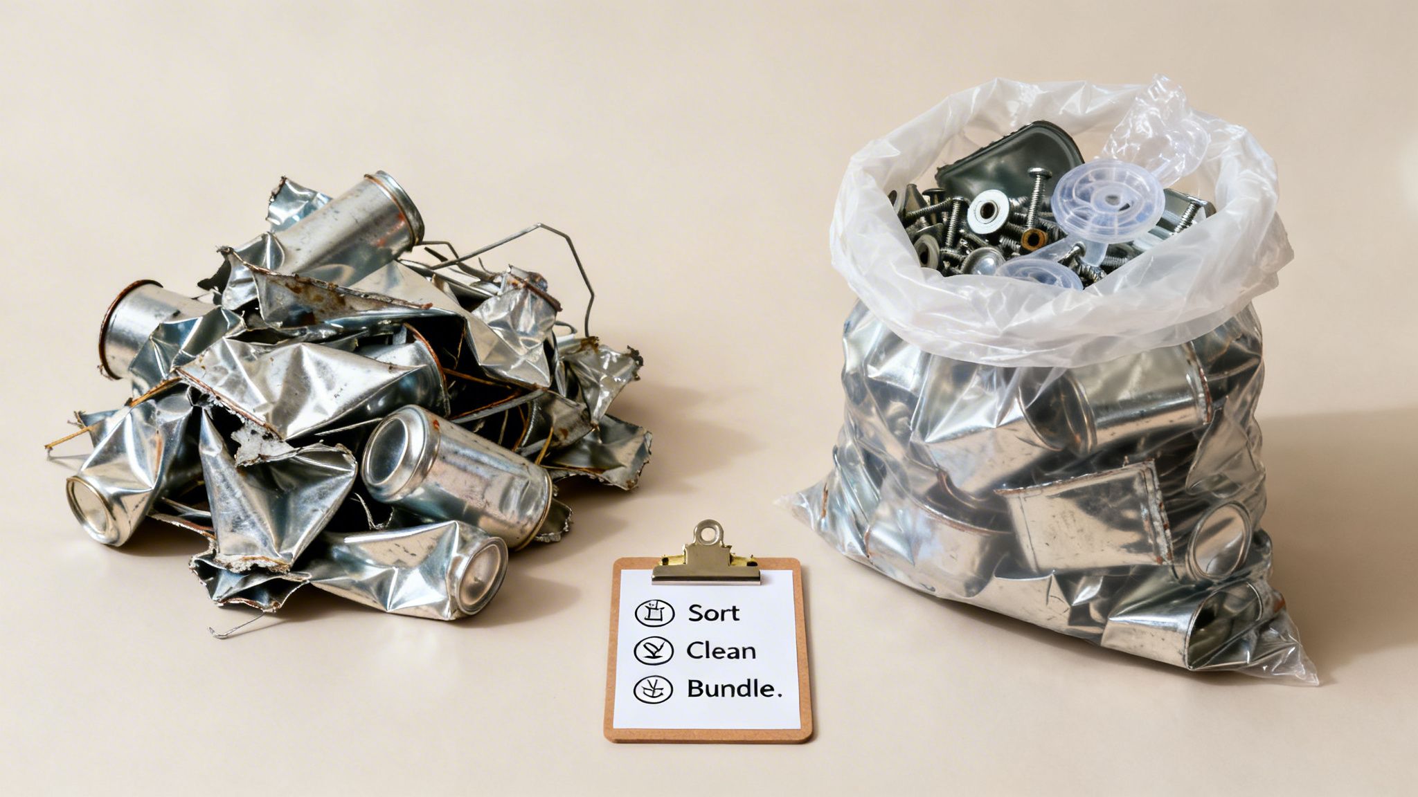 A pile of crushed aluminum cans and a bag of sorted scrap metal next to a recycling checklist.