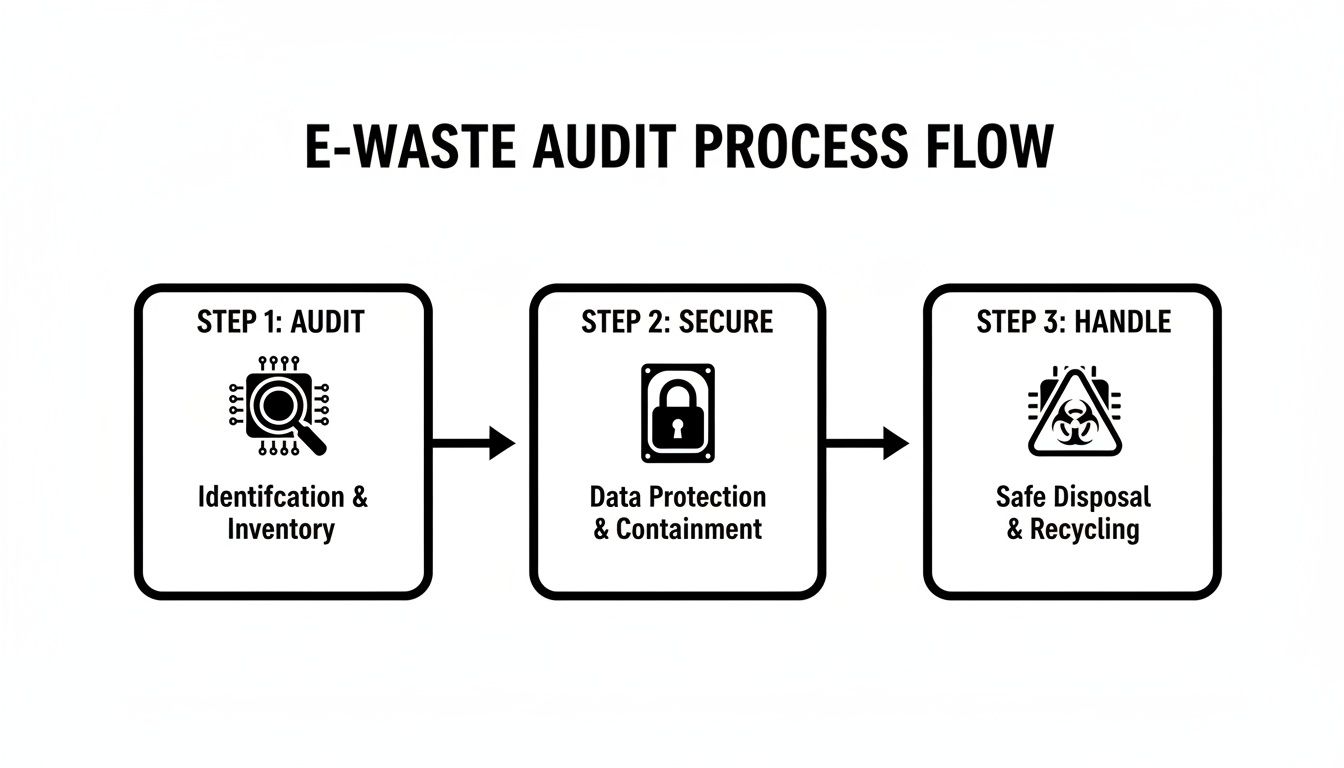 Flowchart illustrating the E-Waste Audit Process: Audit, Secure, and Handle steps for electronic waste management.