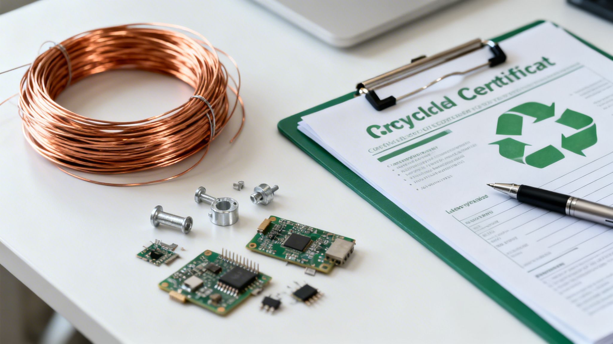 Copper wire coil, electronic components, and a recycling certificate document with a pen, illustrating e-waste recycling.