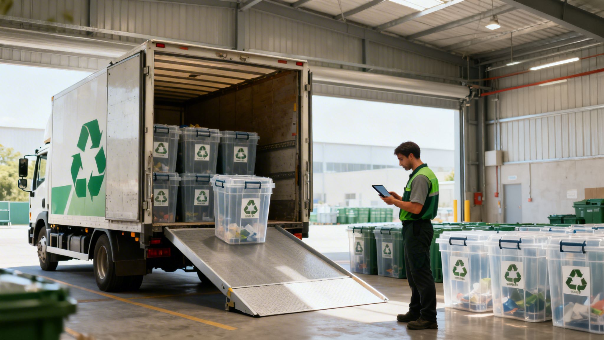 A recycling worker uses a tablet near a truck loaded with bins of recyclable materials in a warehouse.