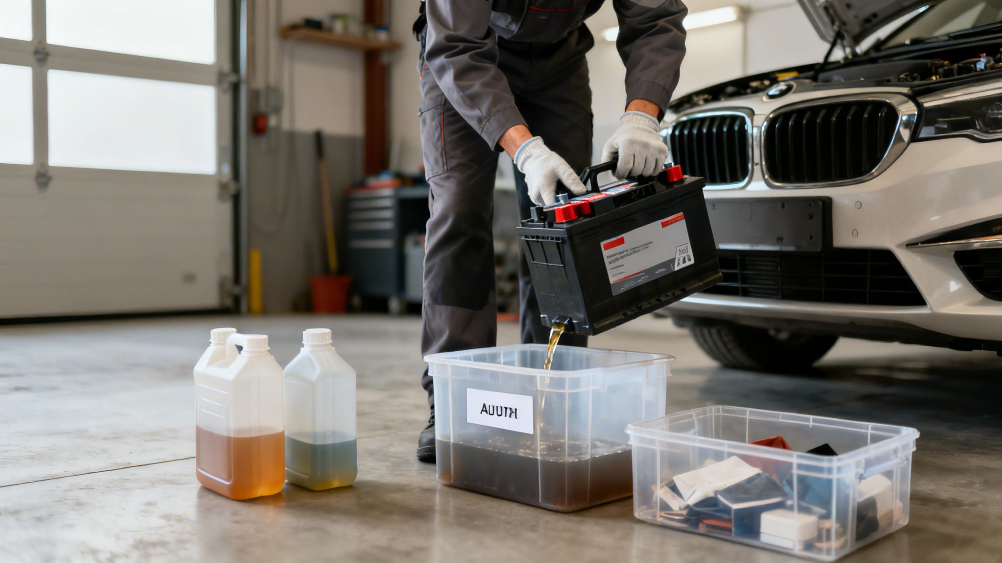 A car mechanic drains fluid from an old car battery into a clear plastic container in a garage.