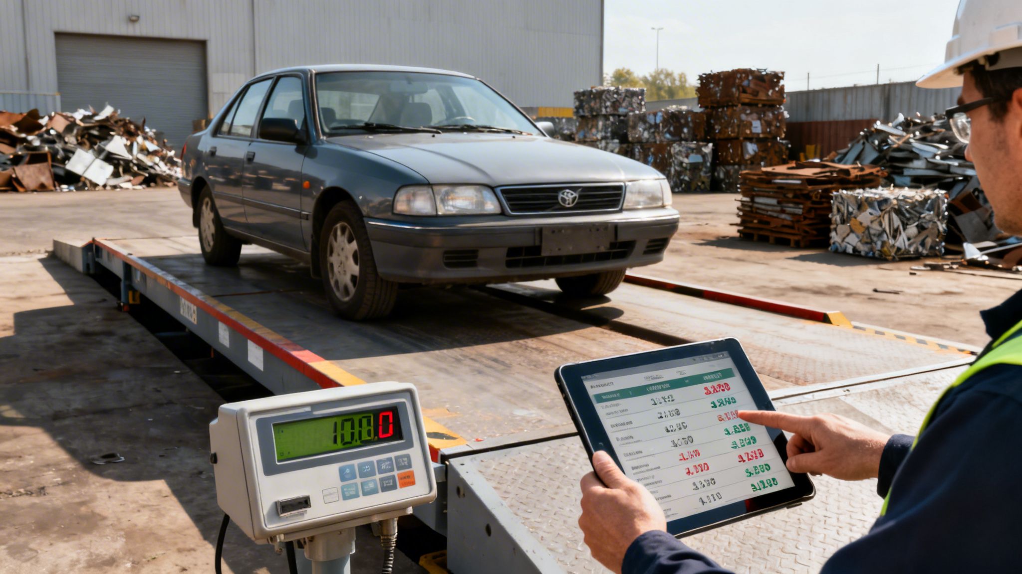 A worker at a scrap yard weighing a grey car on a large industrial scale, using a tablet.