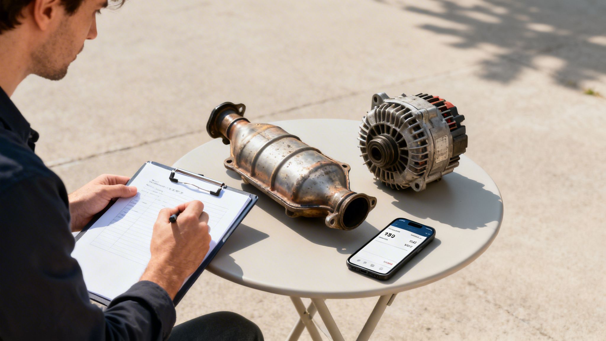 A man writes on a clipboard, evaluating used car parts like a catalytic converter and alternator on a table.