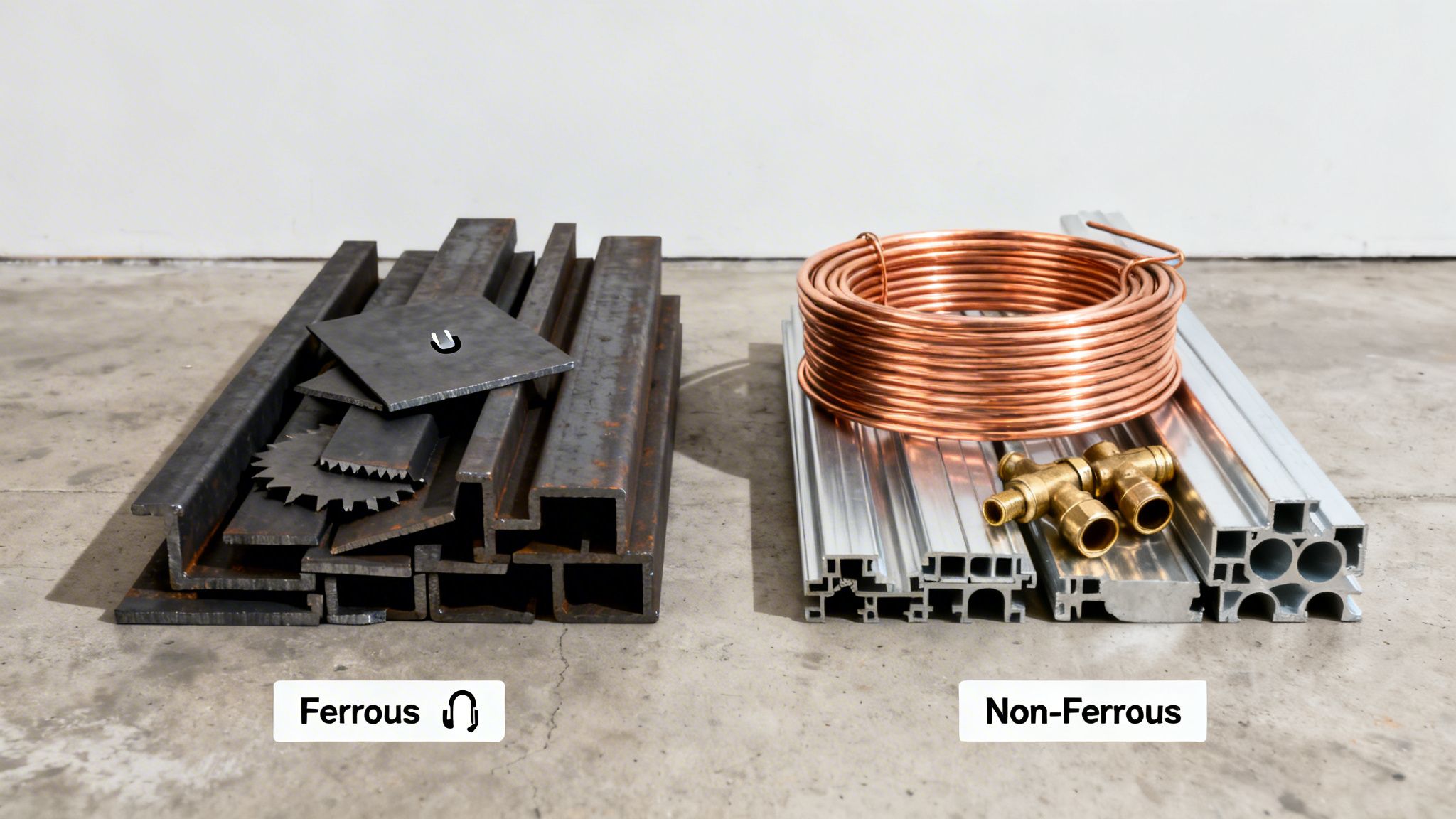 Two piles of scrap metal on a concrete floor, differentiating ferrous (iron/steel) and non-ferrous (copper, brass, aluminum) materials.