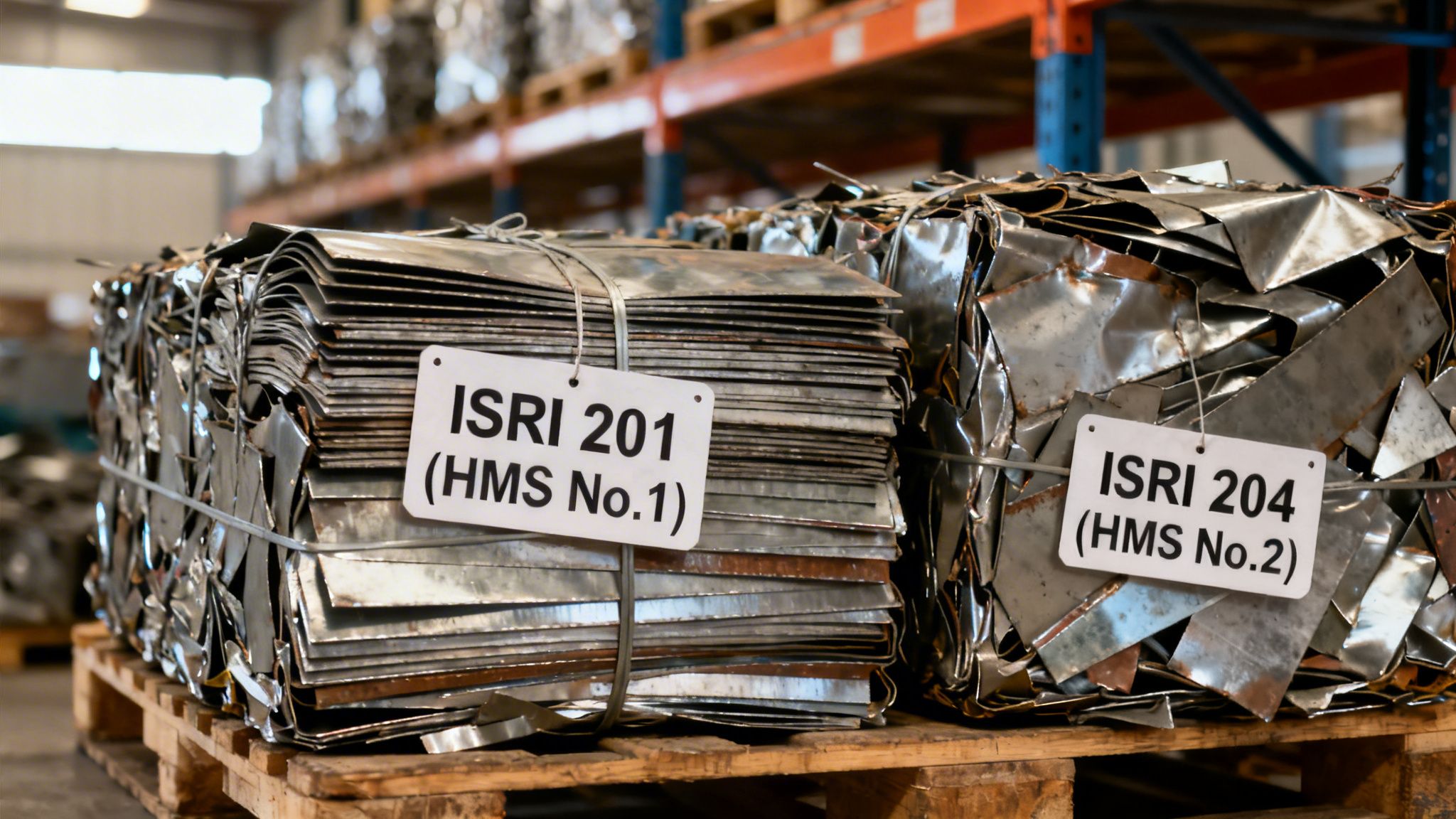 Bundles of industrial scrap metal (HMS No.1 and No.2) on pallets in a warehouse.
