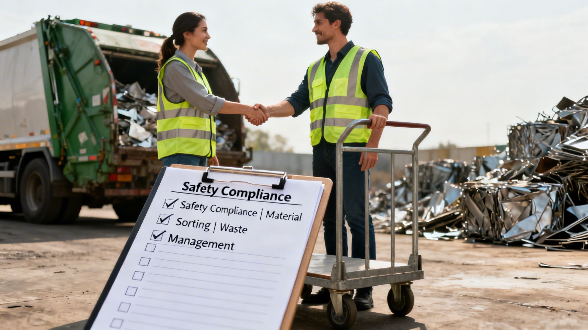 Two recycling workers in safety vests shake hands at a scrap metal yard.