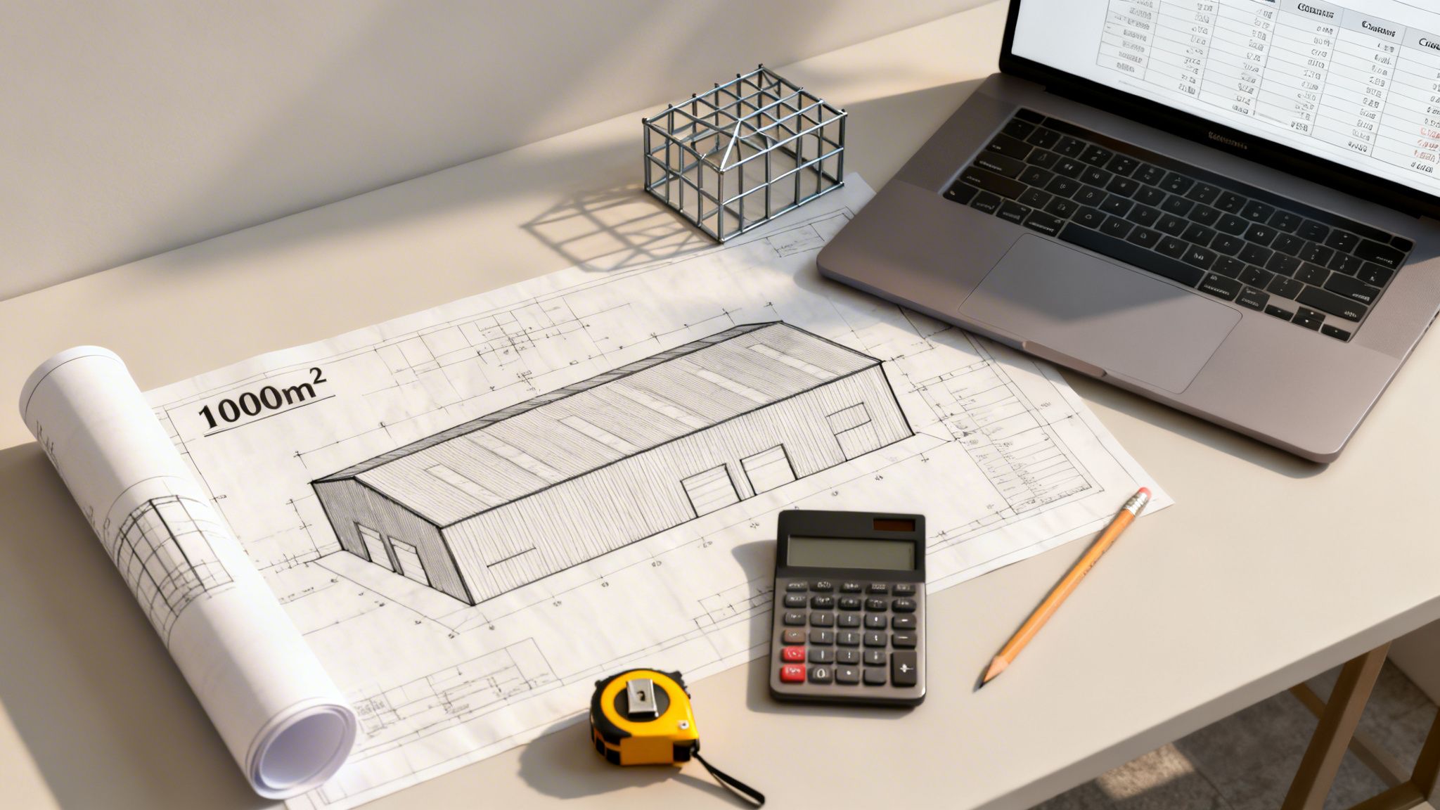 Overhead view of a workspace with architectural blueprints, laptop, calculator, and construction tools.