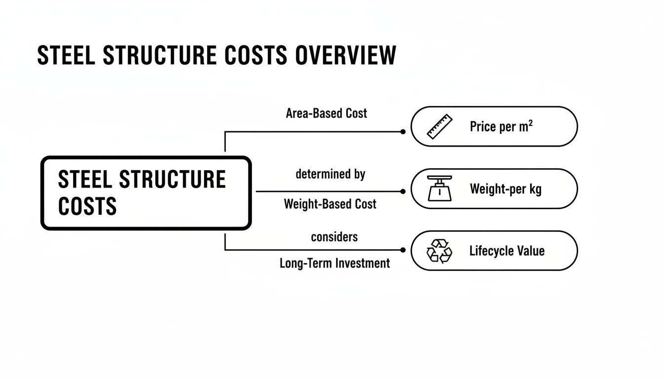Overview of steel structure costs, detailing factors like area-based price, weight-based cost, and long-term lifecycle value.