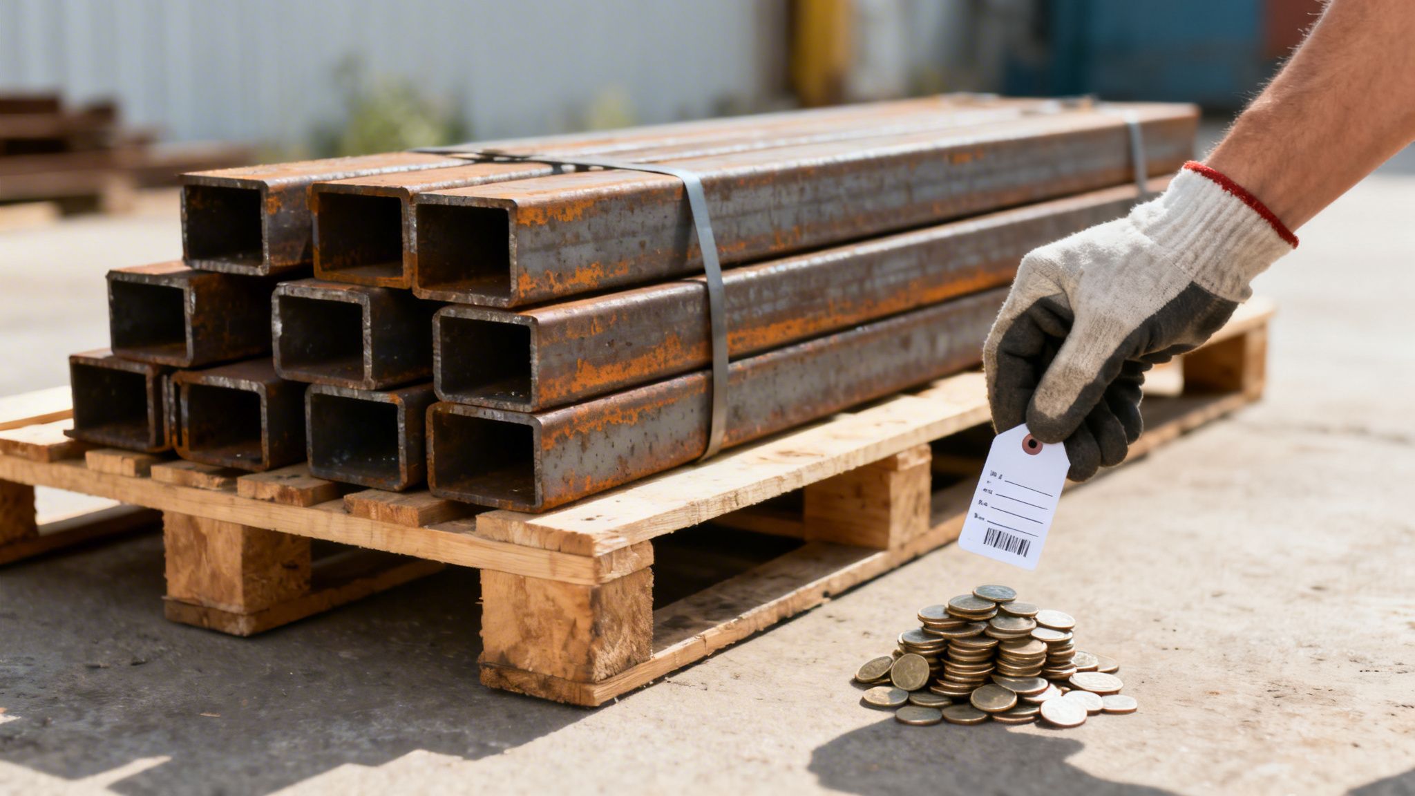 A gloved hand holds a price tag over coins next to rusty steel tubes on a pallet.