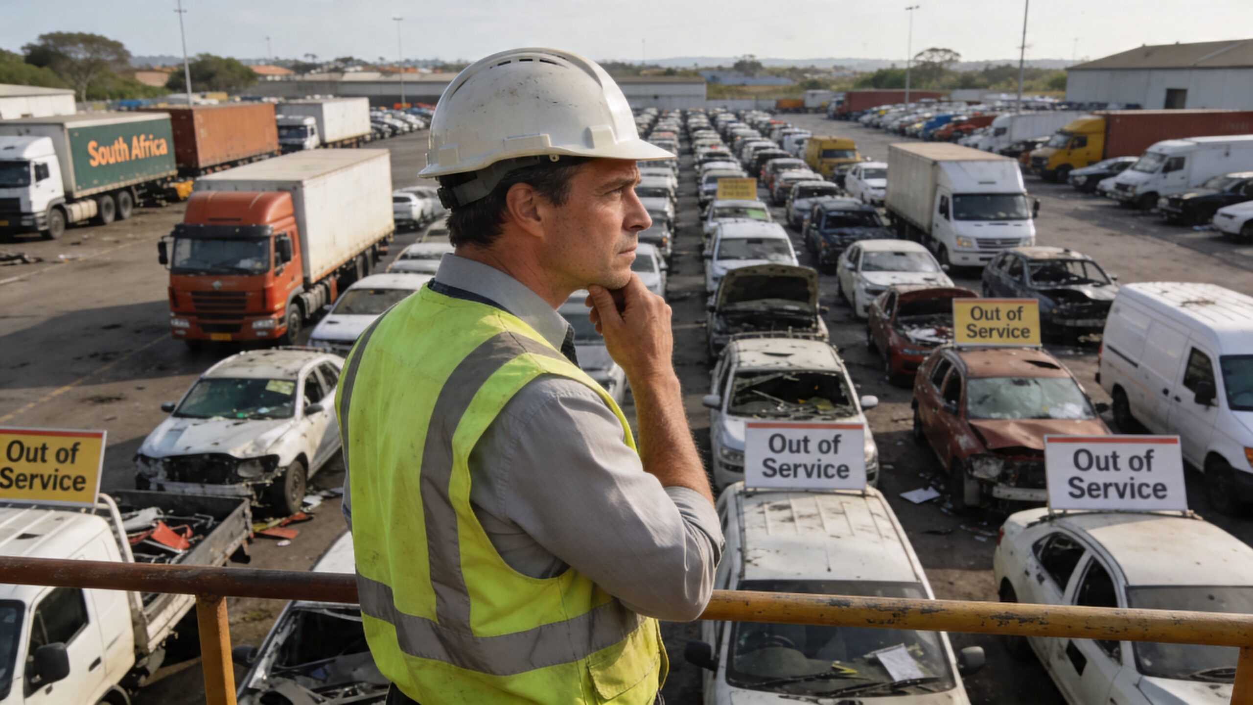 A professional inspector wearing a hard hat and safety vest surveying a large auto salvage yard.