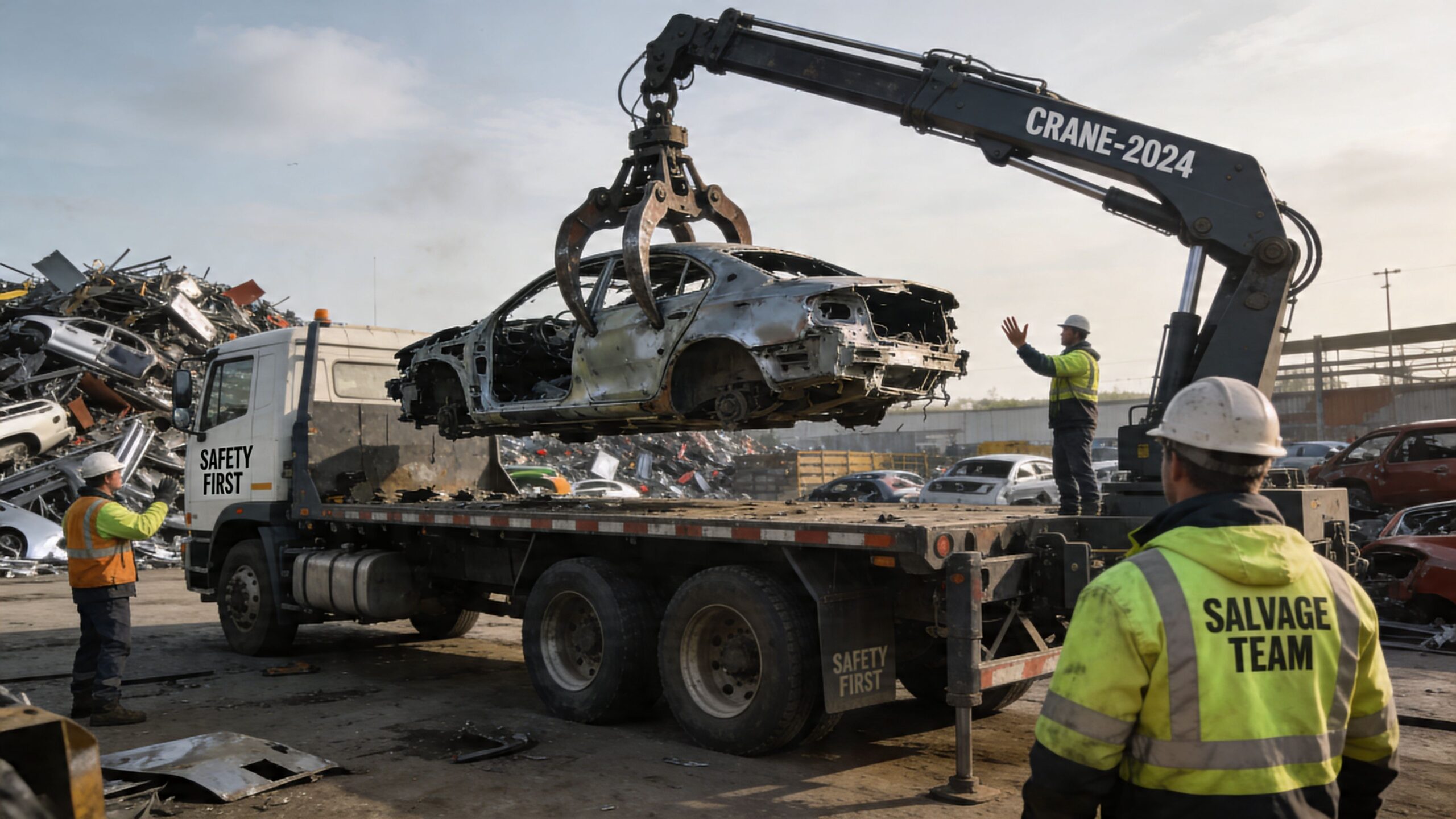 A team of workers in high-visibility safety gear managing a crane loading a salvaged car.