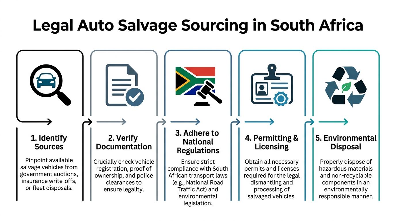 A flowchart detailing the five steps for legal auto salvage sourcing and processing in South Africa.