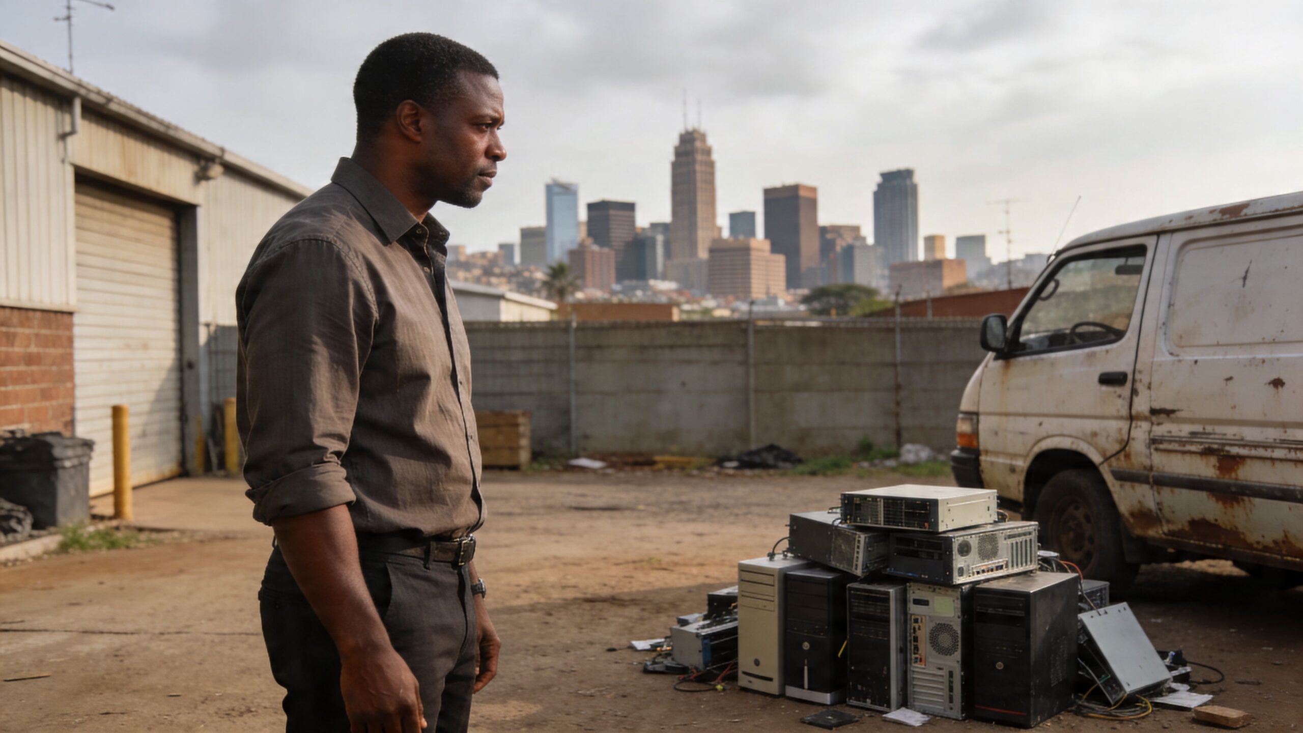 A man in a shirt standing next to a pile of computer towers near a scrap van