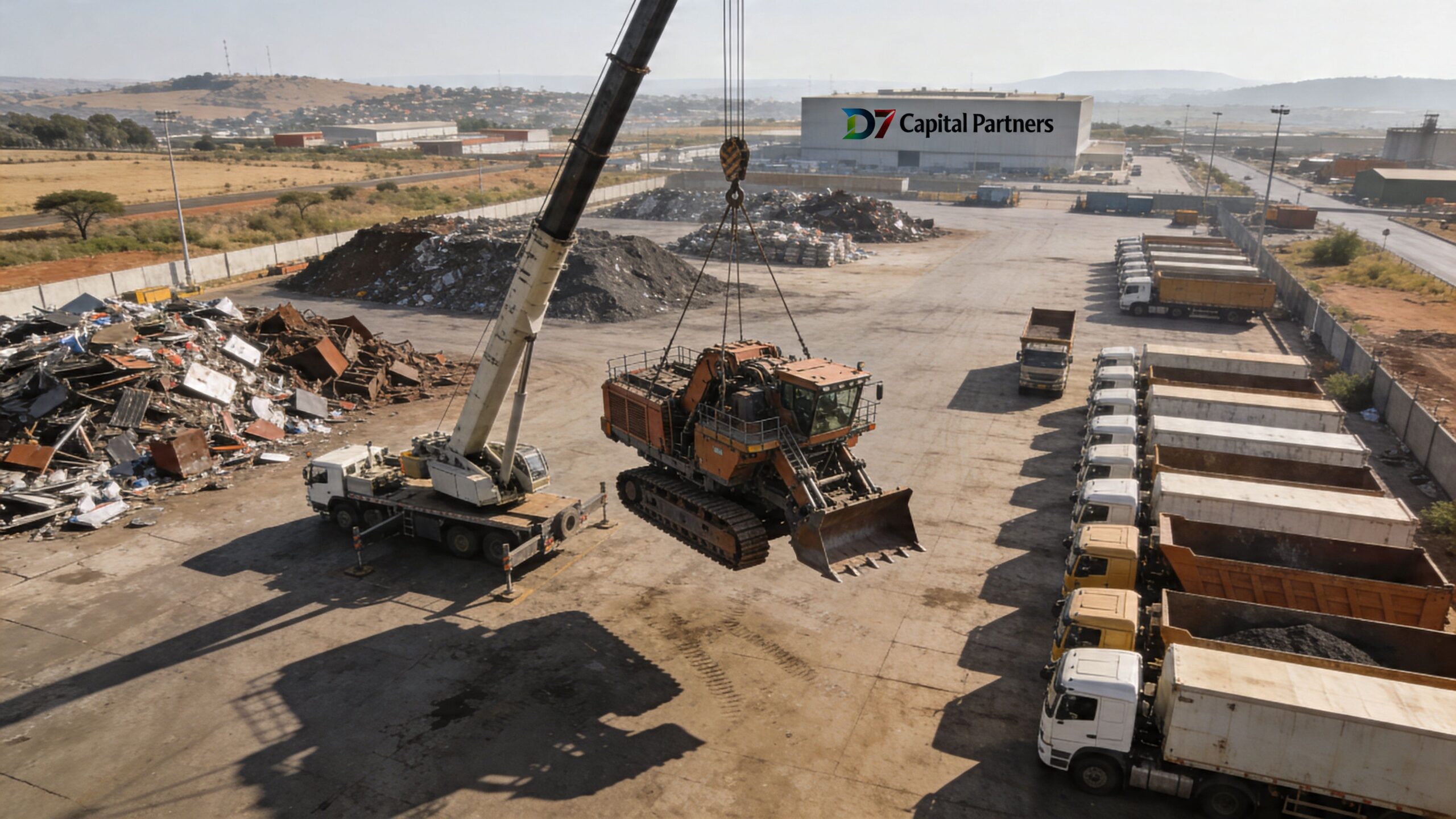 A crane lifting a heavy excavator inside a large industrial auto scrap yard in Johannesburg.