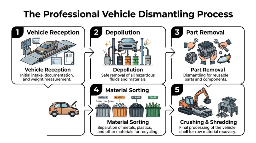 A flowchart infographic detailing the five-step professional vehicle dismantling process for recycling cars safely and efficiently.
