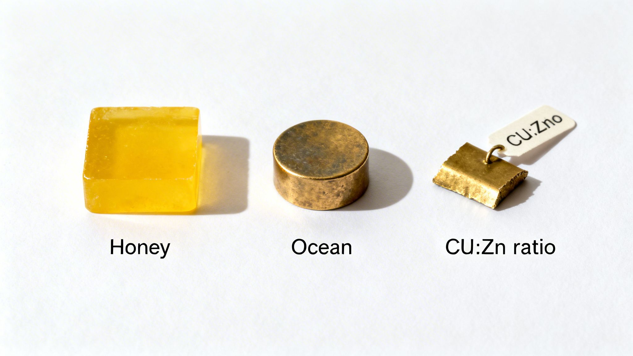 Three objects on white: a yellow cube (Honey), a brass cylinder (Ocean), and a brass piece (CU:Zn ratio).