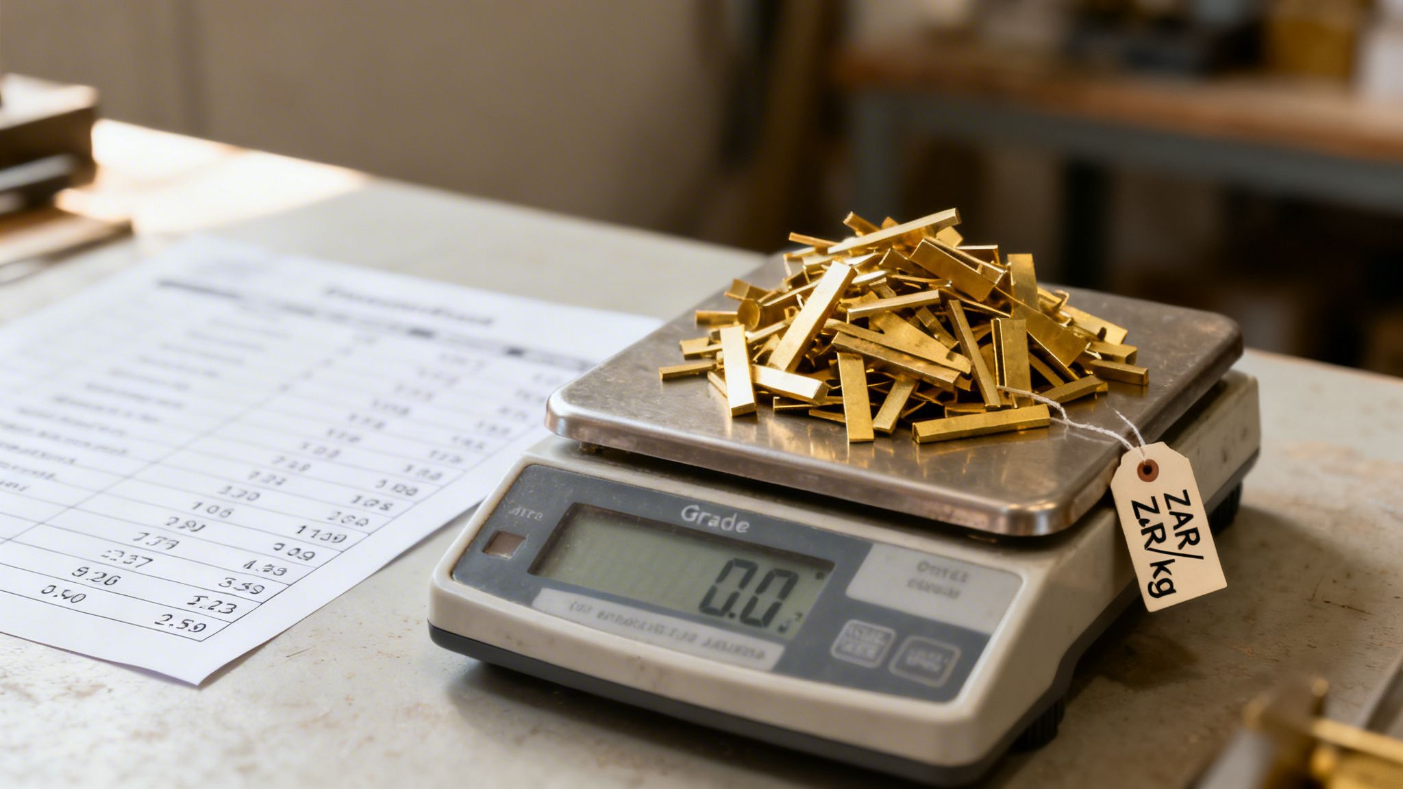 Close-up of golden brass pieces being weighed on a digital scale with a price tag.