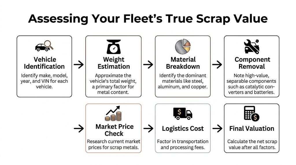 A flow chart illustrating the seven steps for assessing the scrap value of a vehicle fleet.