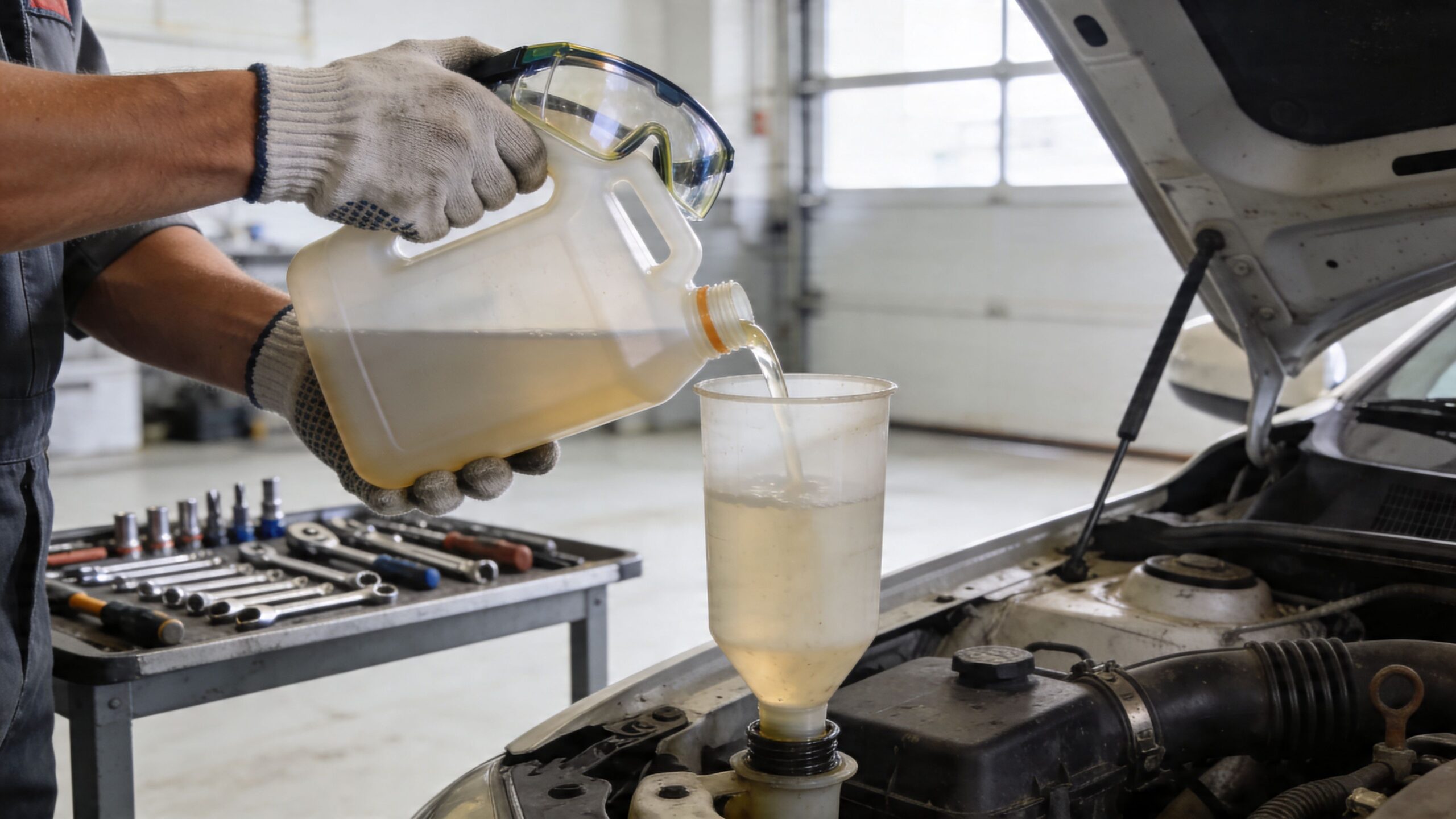 A mechanic wearing protective gloves pouring liquid from a plastic jug into a car engine funnel.