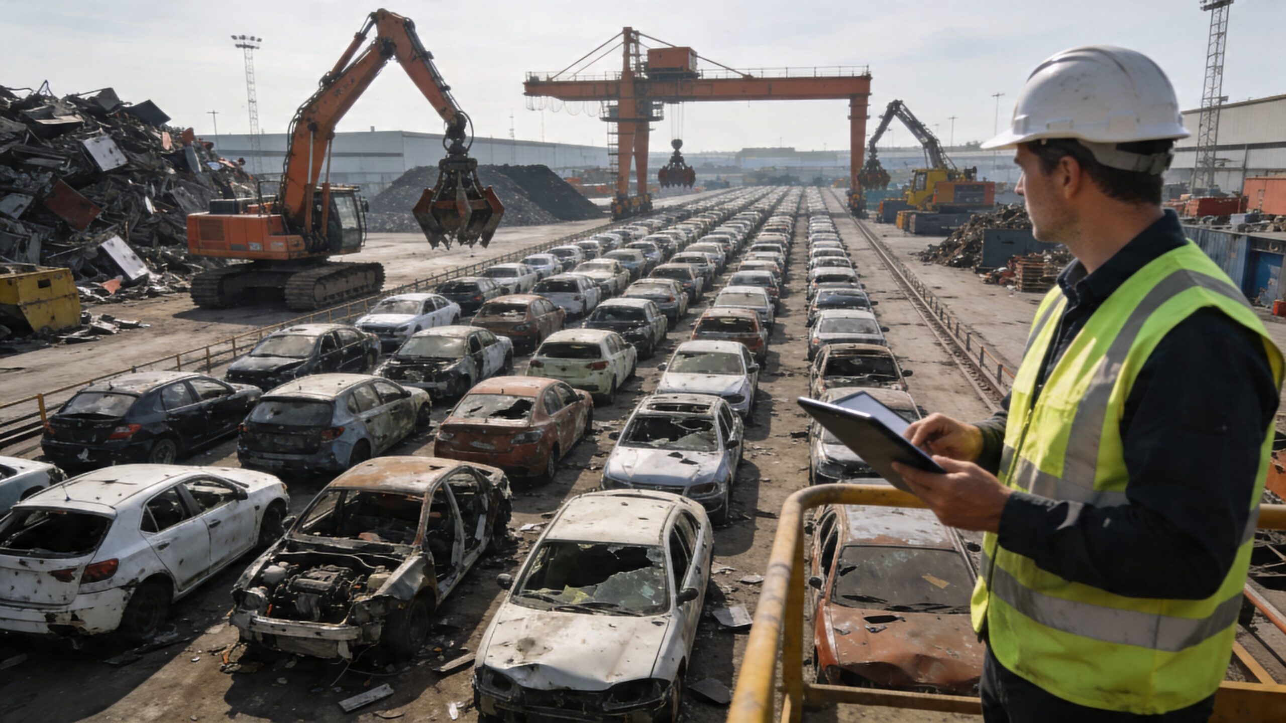 A worker in a hard hat and safety vest inspects rows of salvaged scrap cars at a yard.