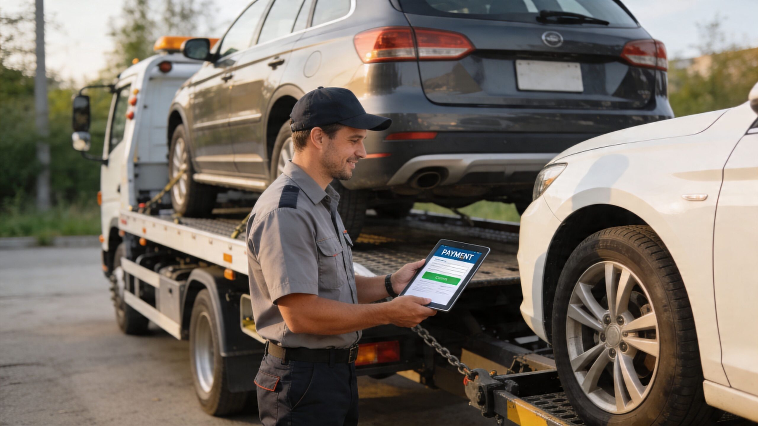 A smiling tow truck driver uses a digital tablet to process payment for a customer vehicle shipment.