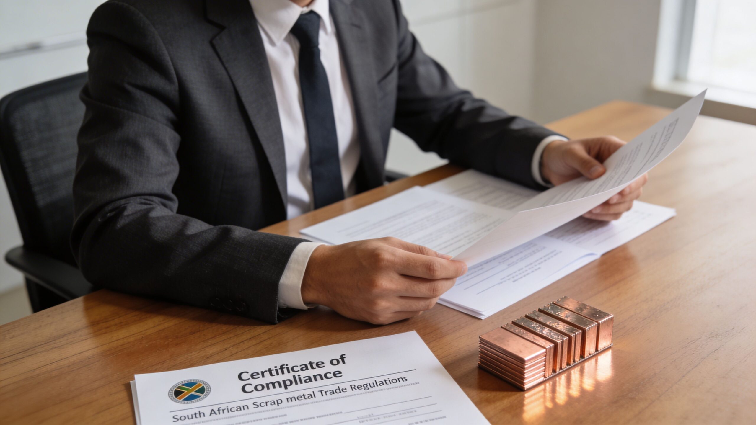 A professional in a suit reviewing trade documents next to stacks of copper bars on a desk.