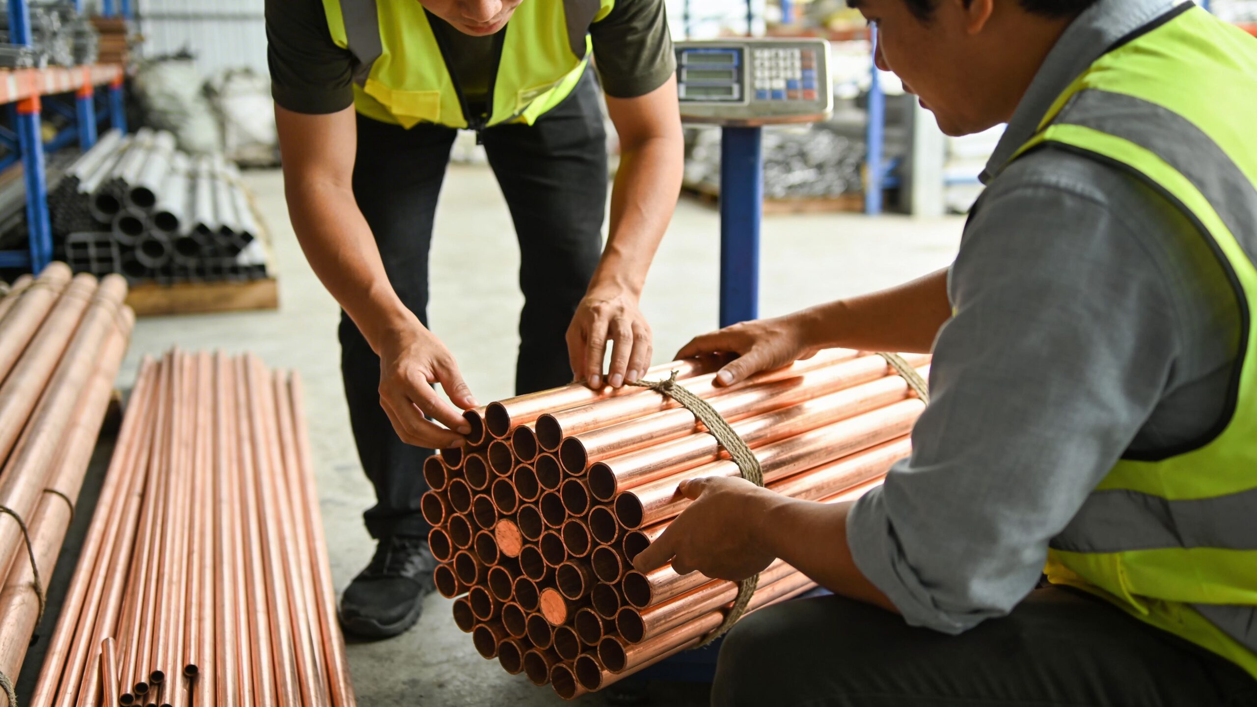 Warehouse workers in safety vests measuring and weighing a bundle of copper pipes for inventory control.