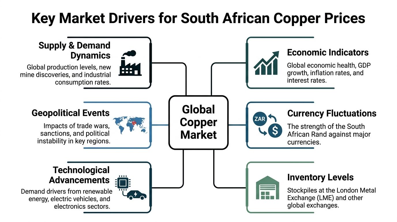 A diagram illustrating the key market drivers that influence global and South African copper prices.