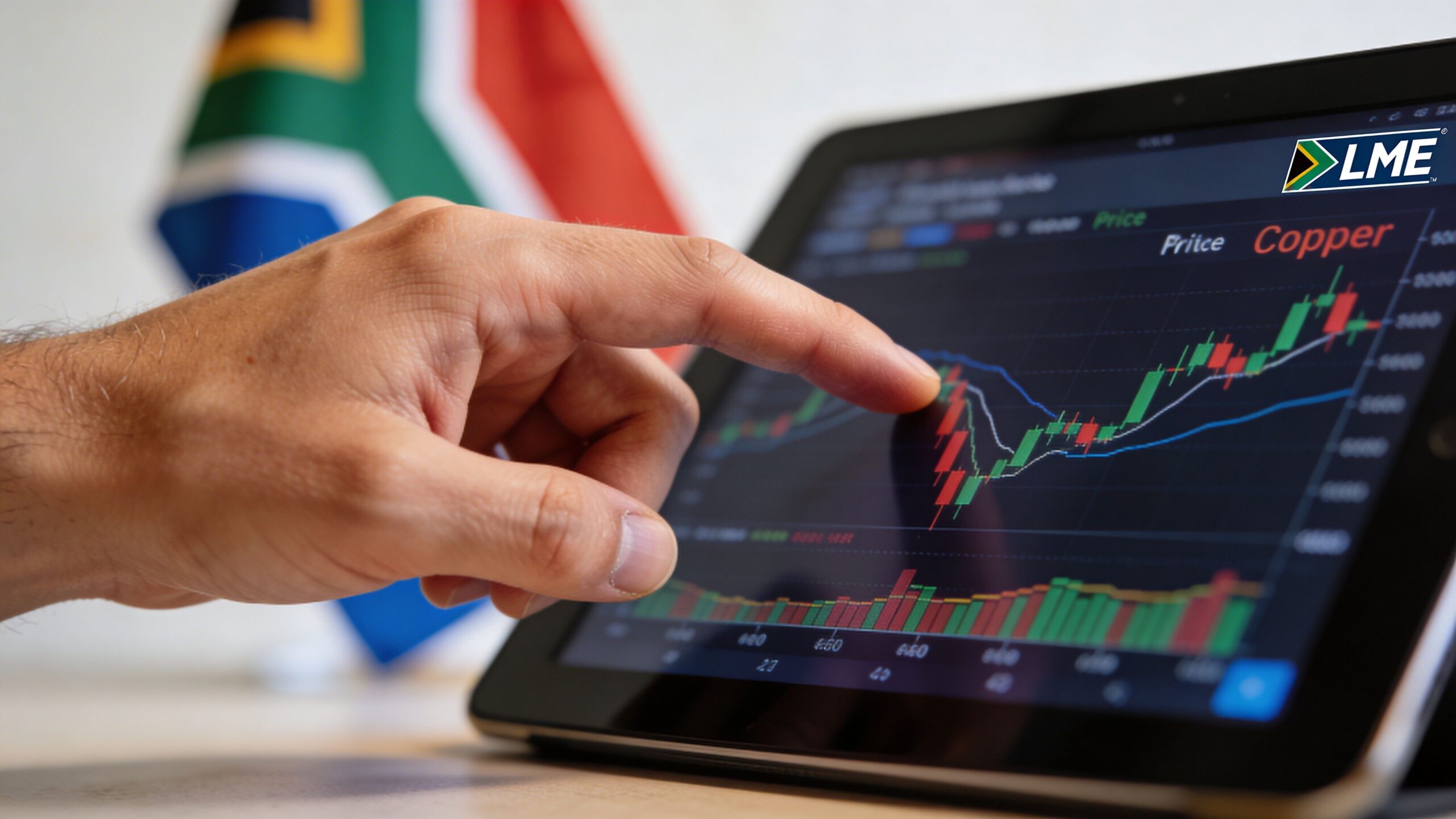 A person pointing at a tablet screen displaying a financial copper price graph with a South African flag.