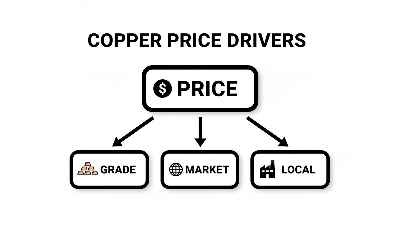 Flowchart illustrating the key drivers of copper price, including grade, market, and local factors.