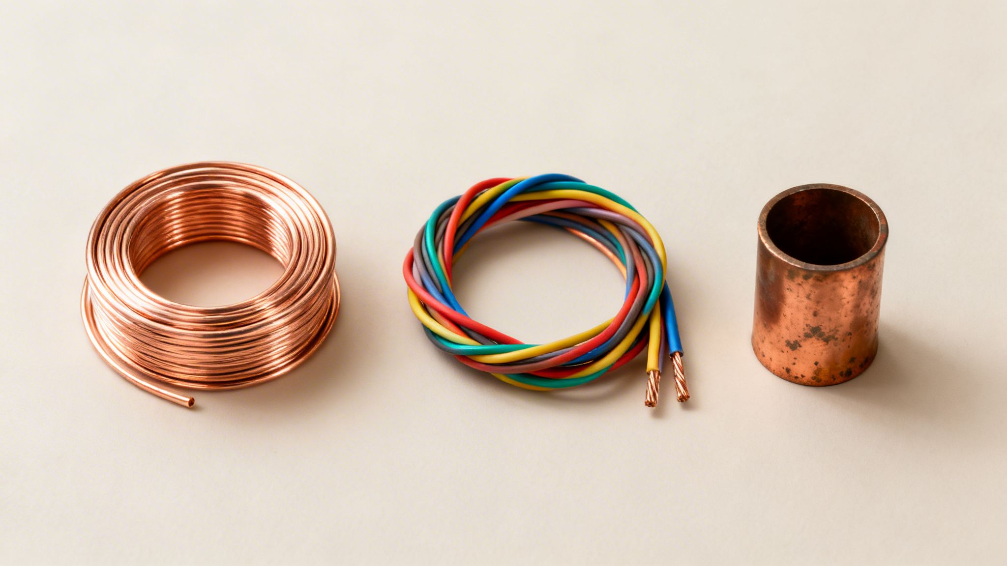 Assorted copper materials: a coil of bare copper, colorful electrical wires, and a pipe section.
