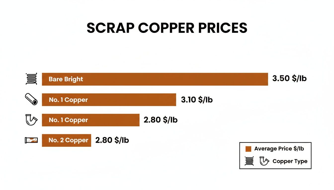 A bar chart displaying scrap copper prices, showing Bare Bright, No. 1, and No. 2 copper types.