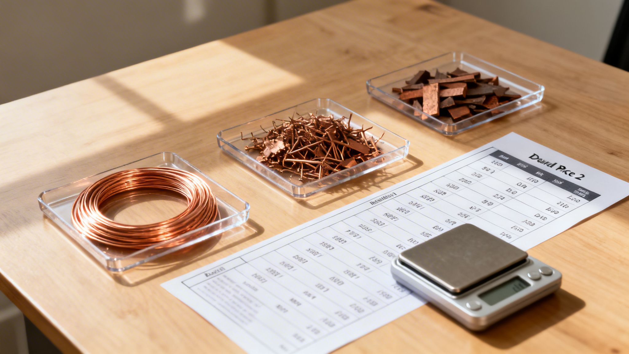 Different forms of scrap copper, a digital scale, and a price list on a wooden table.