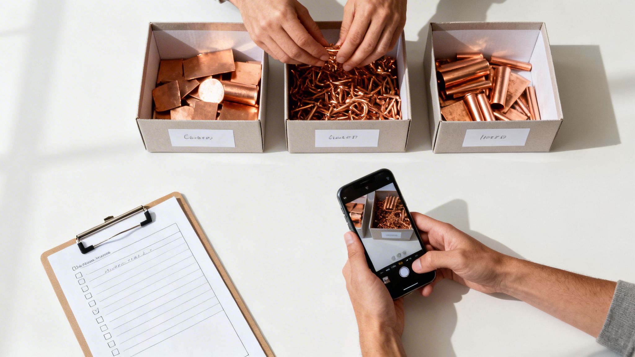 Hands sorting different forms of scrap copper in three boxes, while a person photographs them with a smartphone.