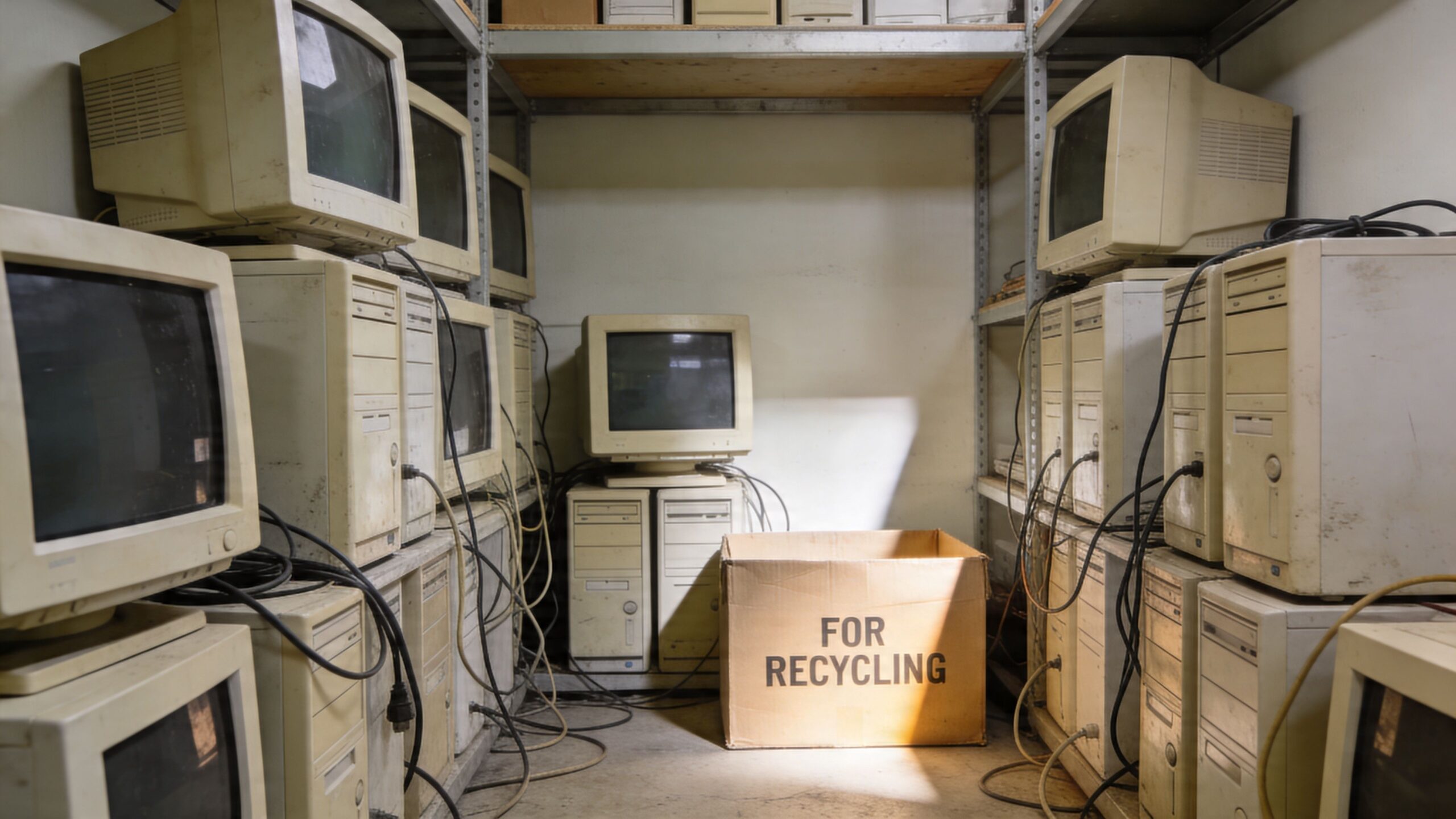 A storage room filled with old beige computer monitors and desktop towers stacked for electronic recycling.