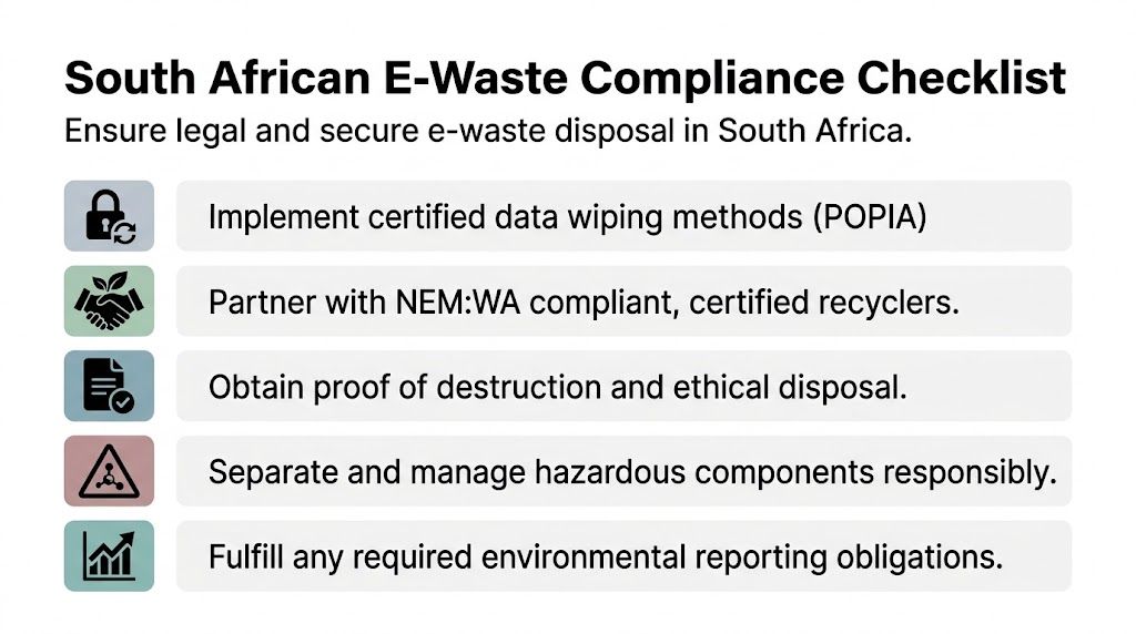A checklist infographic outlining five key steps for legal and secure electronic waste disposal in South Africa.
