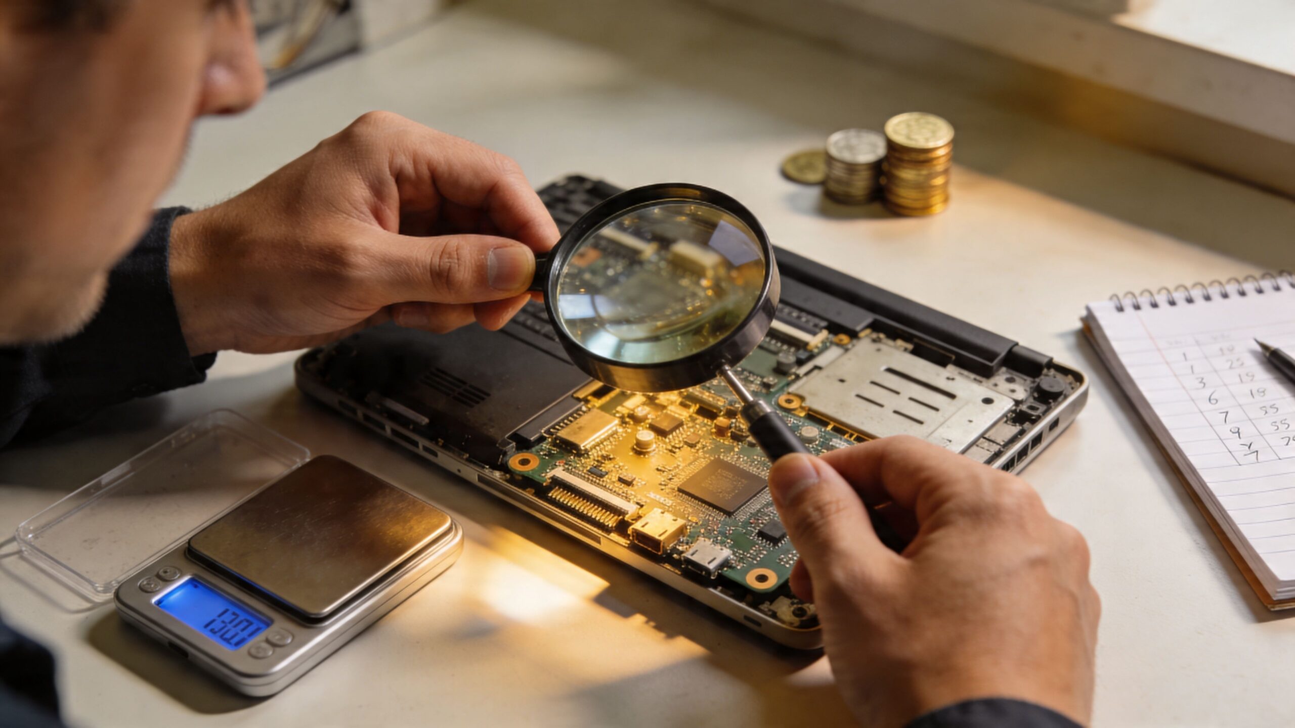 A technician using a magnifying glass to inspect a disassembled laptop motherboard on a workbench with coins.