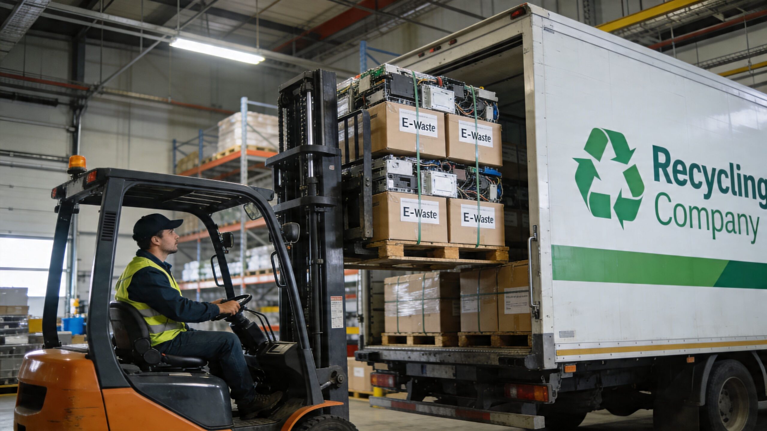 A forklift driver loading boxes labeled E-Waste into a large Recycling Company truck inside a warehouse.