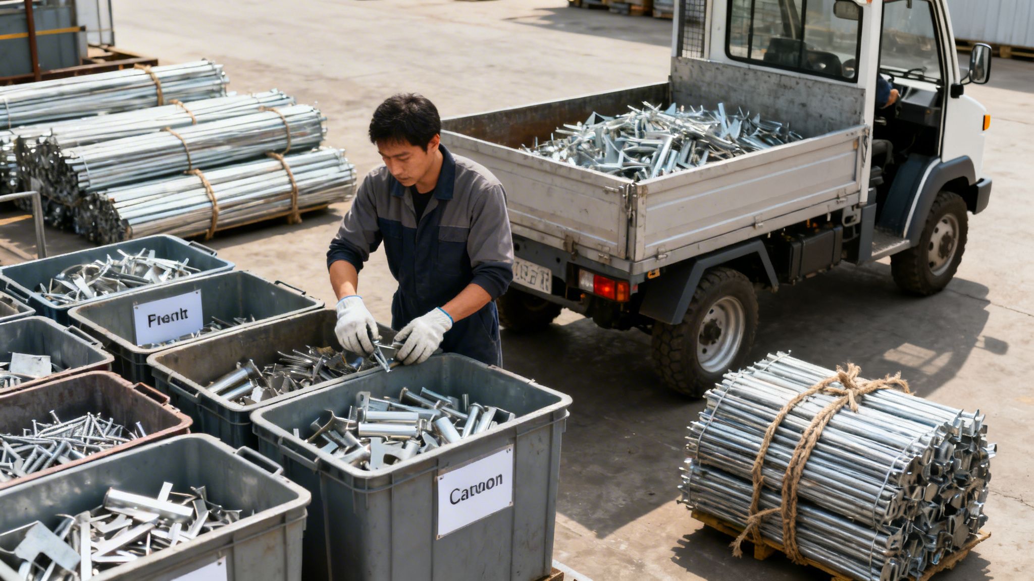 An industrial worker in gloves sorts metal parts into labeled bins, with a truck and metal bundles nearby.