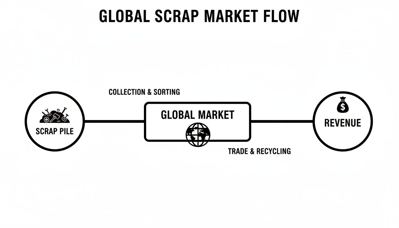 Flow chart showing the global scrap market process, from scrap pile collection and sorting to trade and recycling for revenue.