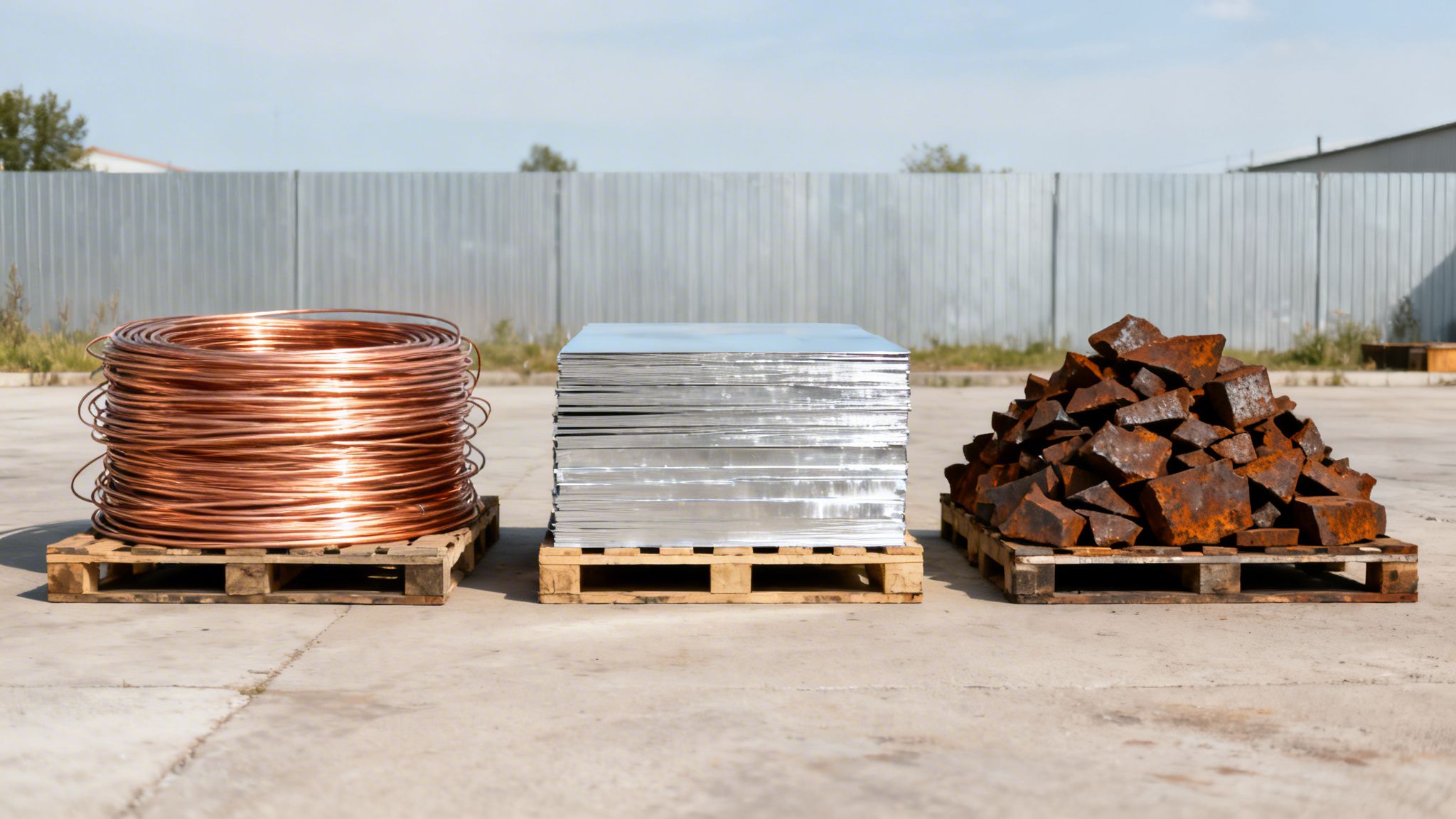 Three pallets displaying various scrap metals: copper wire, aluminum sheets, and rusty iron chunks.