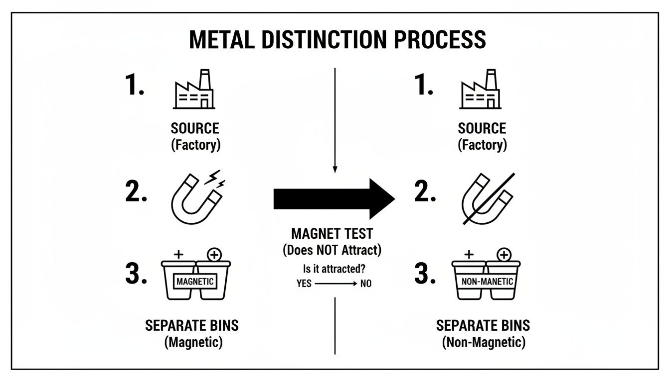 Flowchart illustrating the metal distinction process, sorting metals into magnetic and non-magnetic bins after a magnet test.
