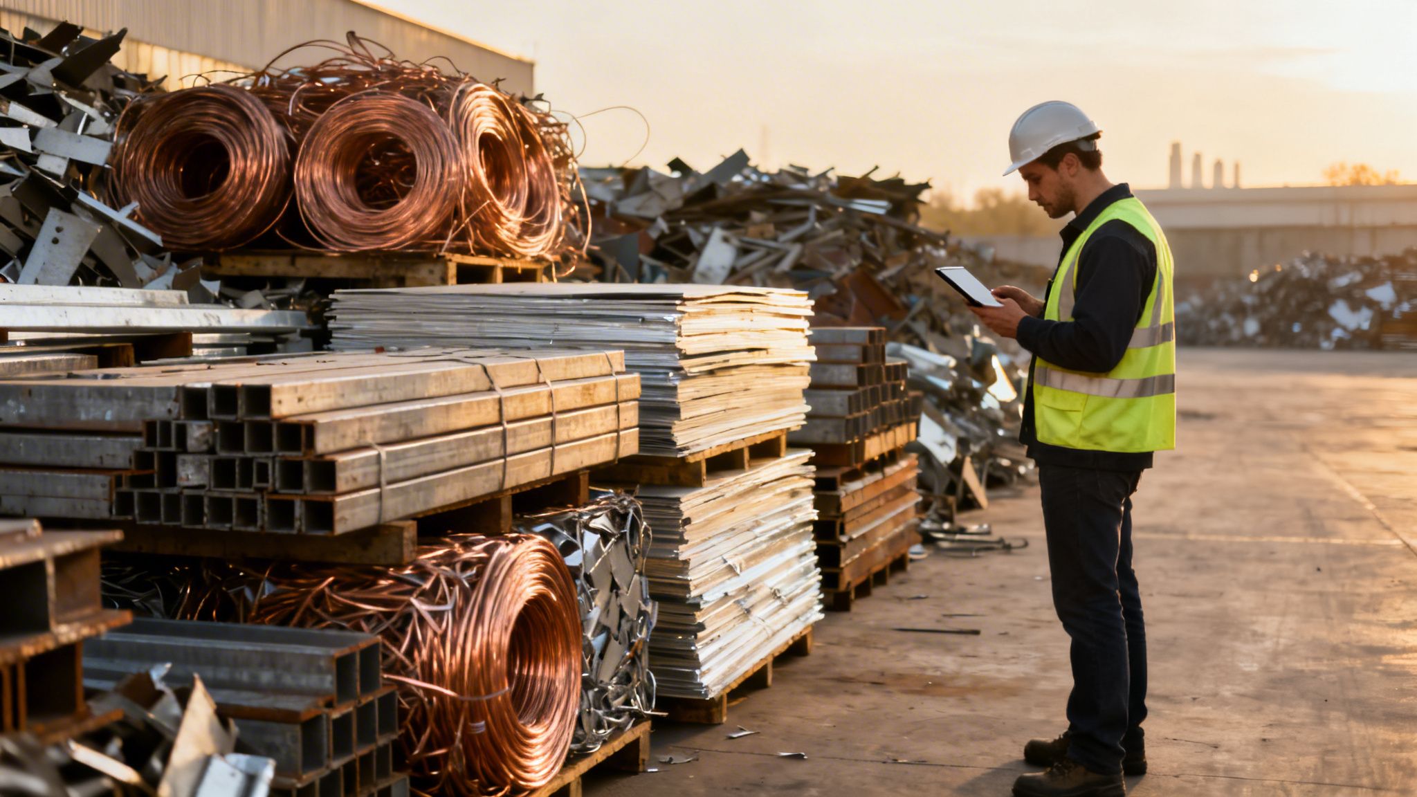A worker in a hard hat and vest inspects metal scrap in a recycling yard with a tablet.