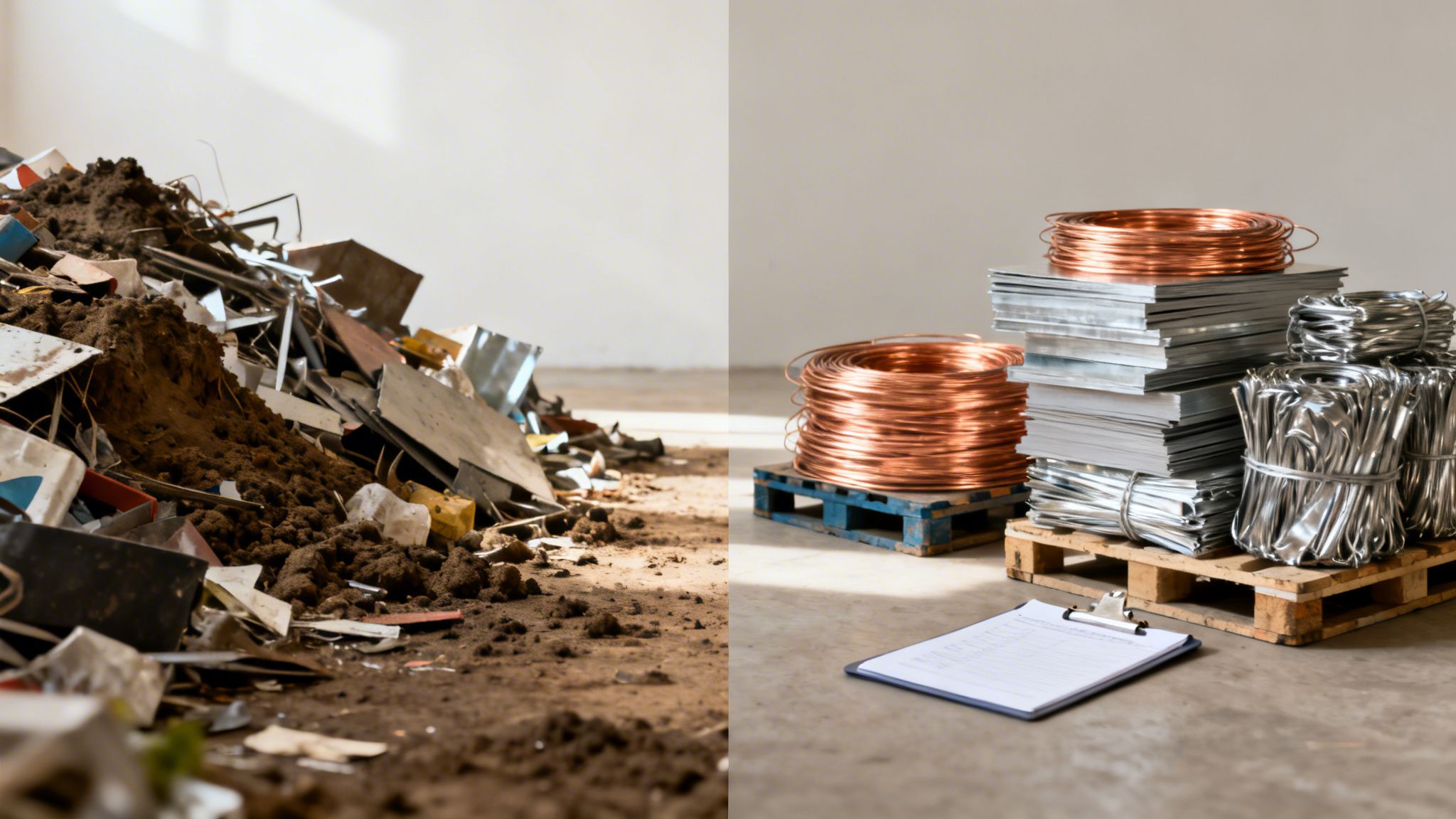 Before and after: a dirty metal scrap pile versus organized copper and aluminum for recycling.