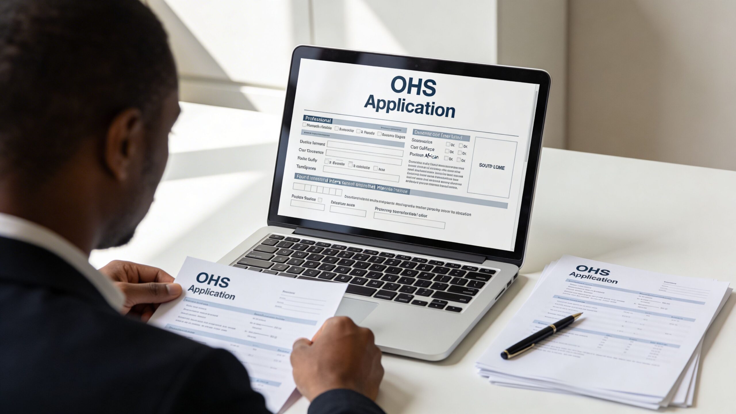 A professional man filling out occupational health and safety application forms while working on a laptop at his desk.