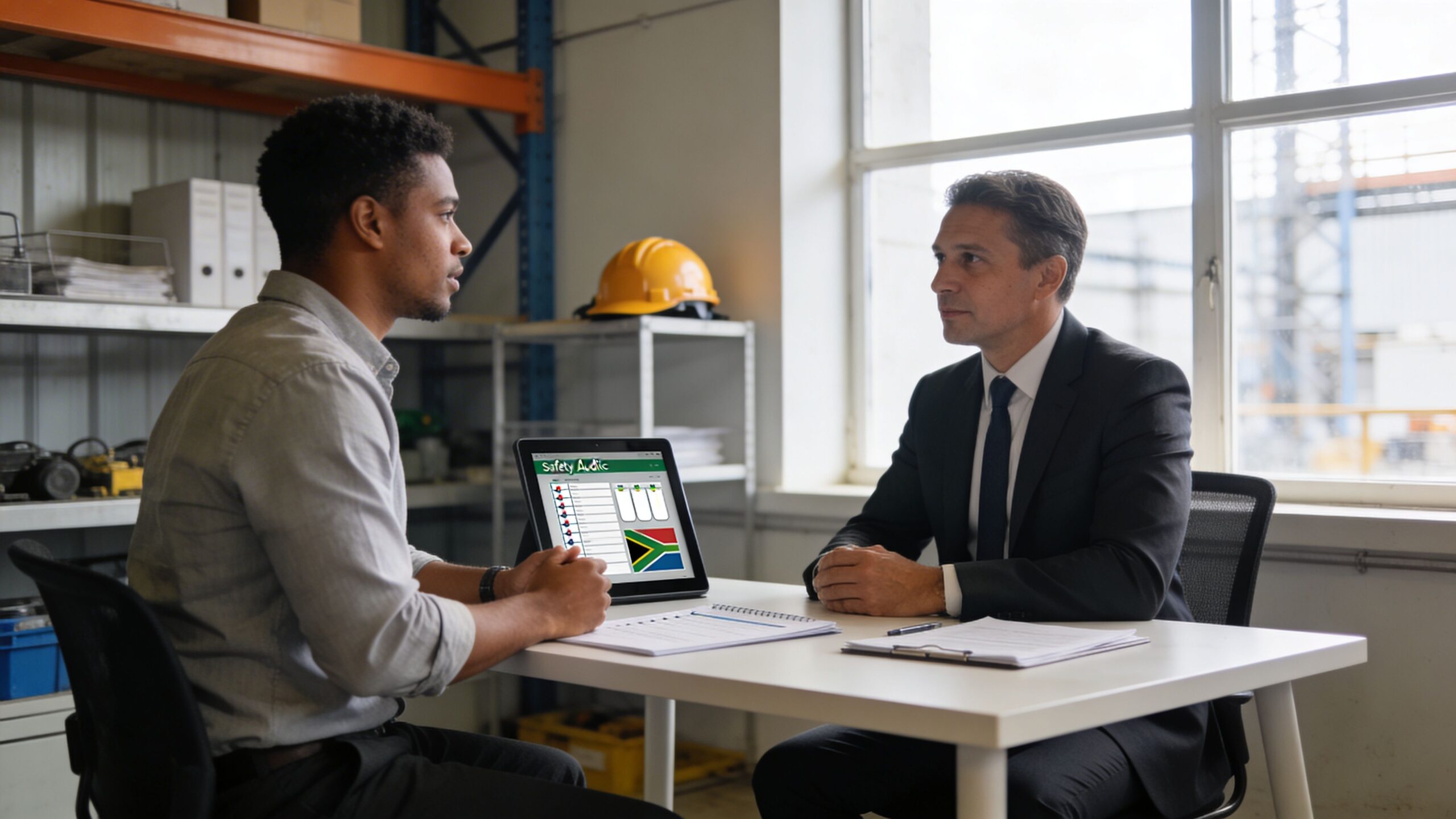 A professional business meeting discussing occupational health and safety protocols between two men in an office.