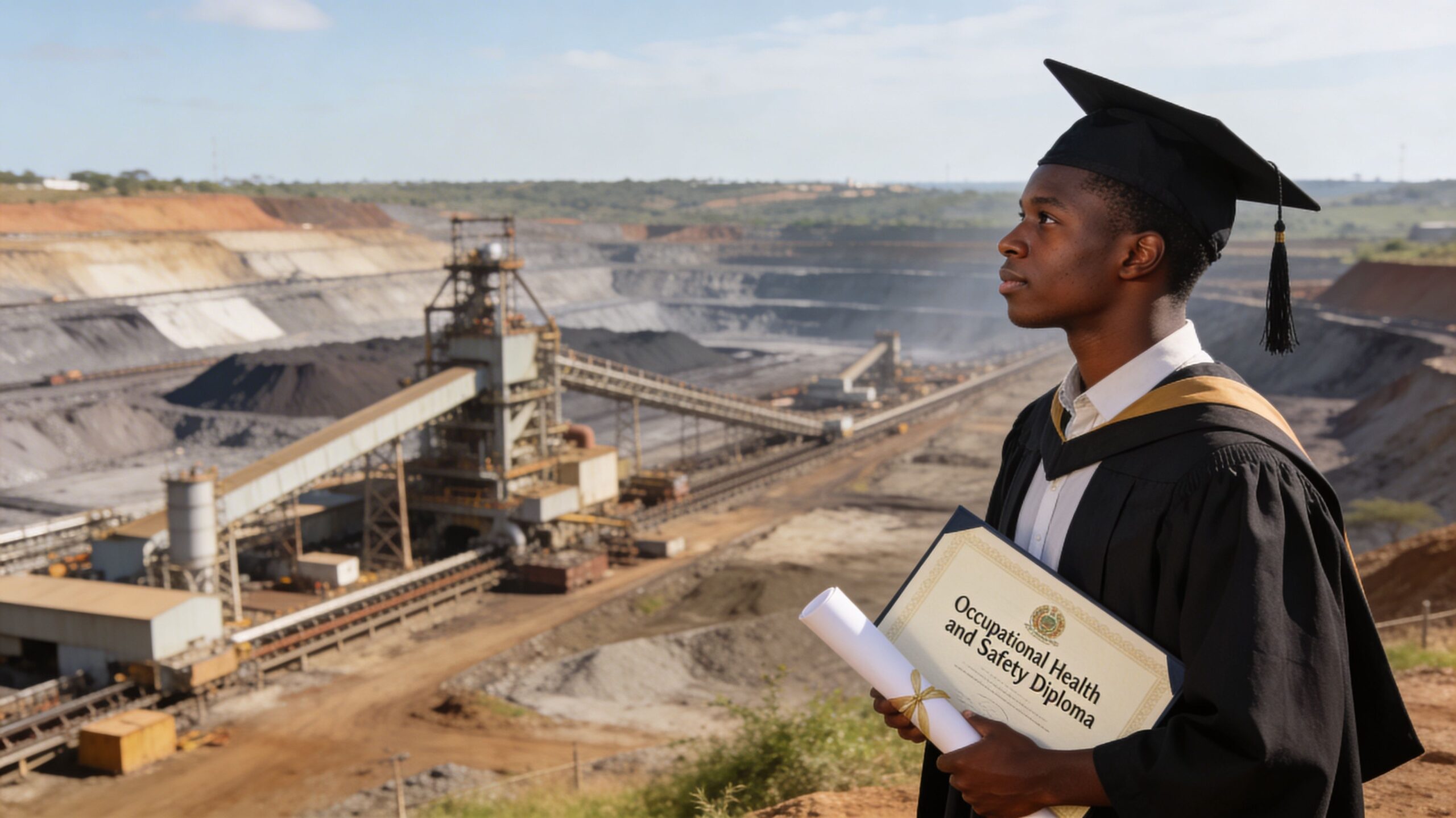 A young Black graduate holding his occupational health and safety diploma in front of a coal mine.